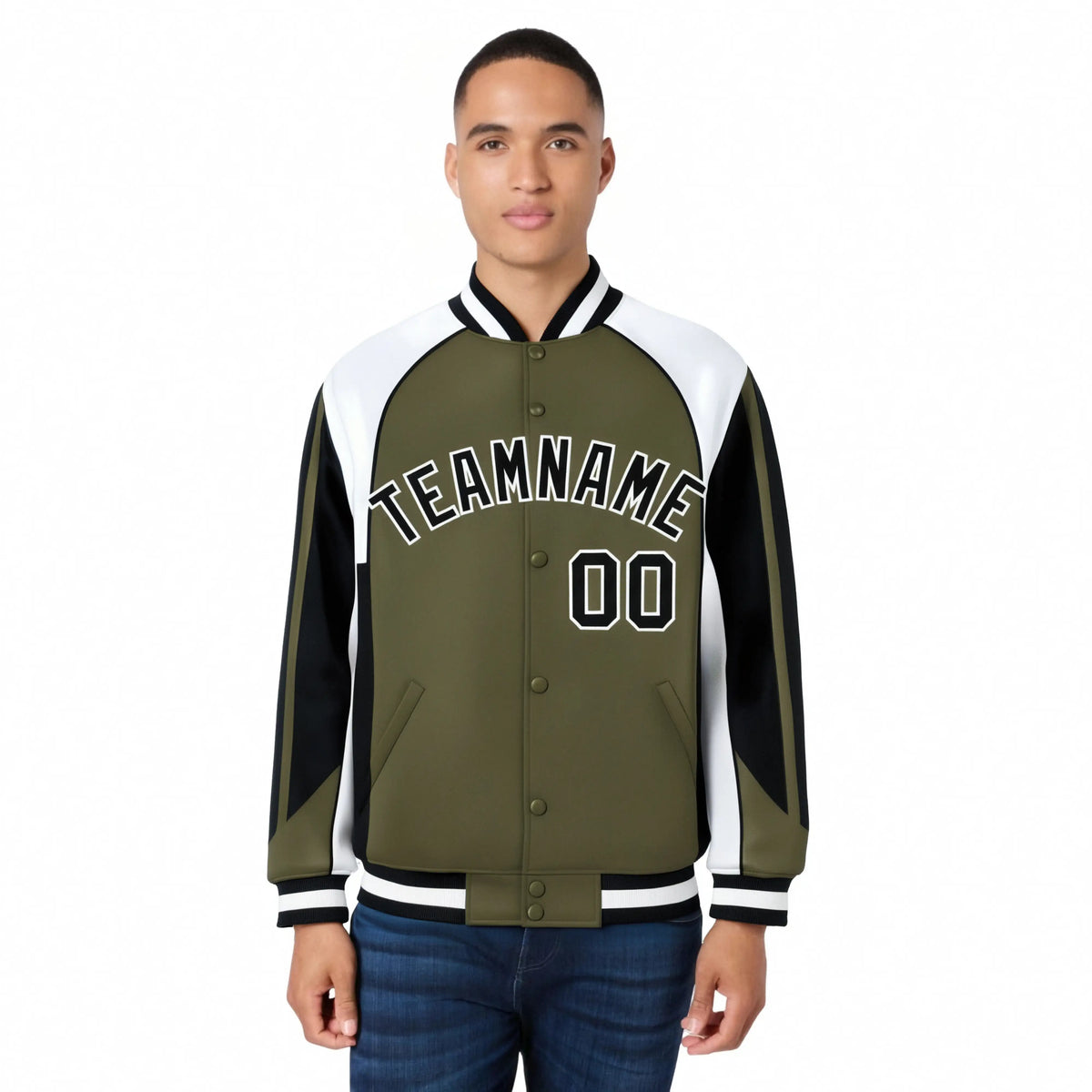 Custom Olive White-Black Raglan Sleeves Varsity Letterman Two Tone Jacket