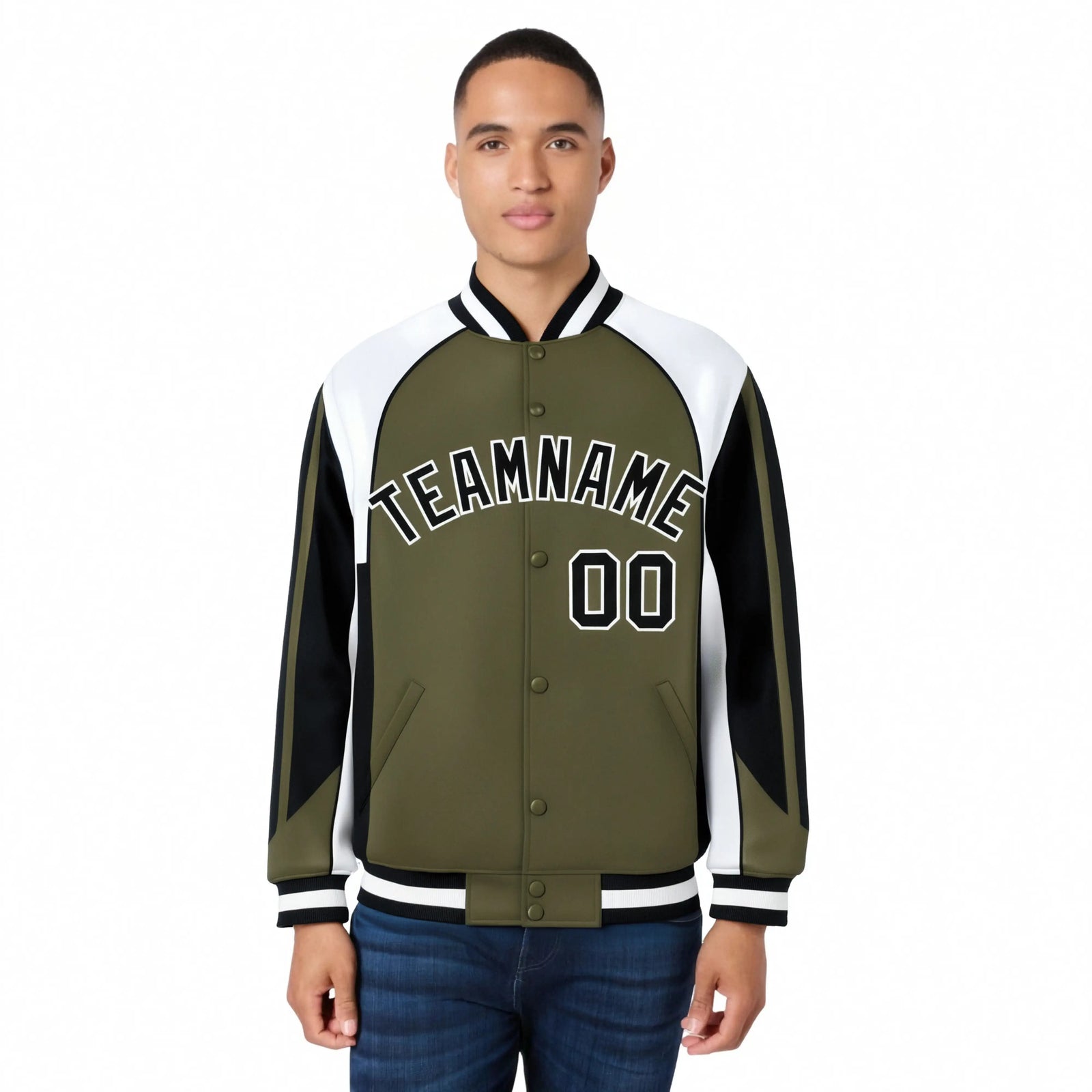 Custom Olive White-Black Raglan Sleeves Varsity Letterman Two Tone Jacket