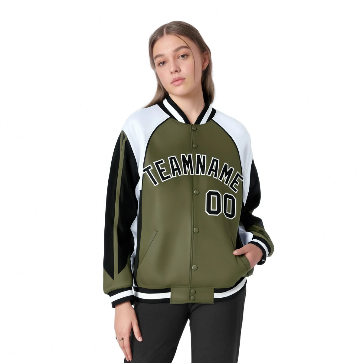 Custom Olive White-Black Raglan Sleeves Varsity Letterman Two Tone Jacket