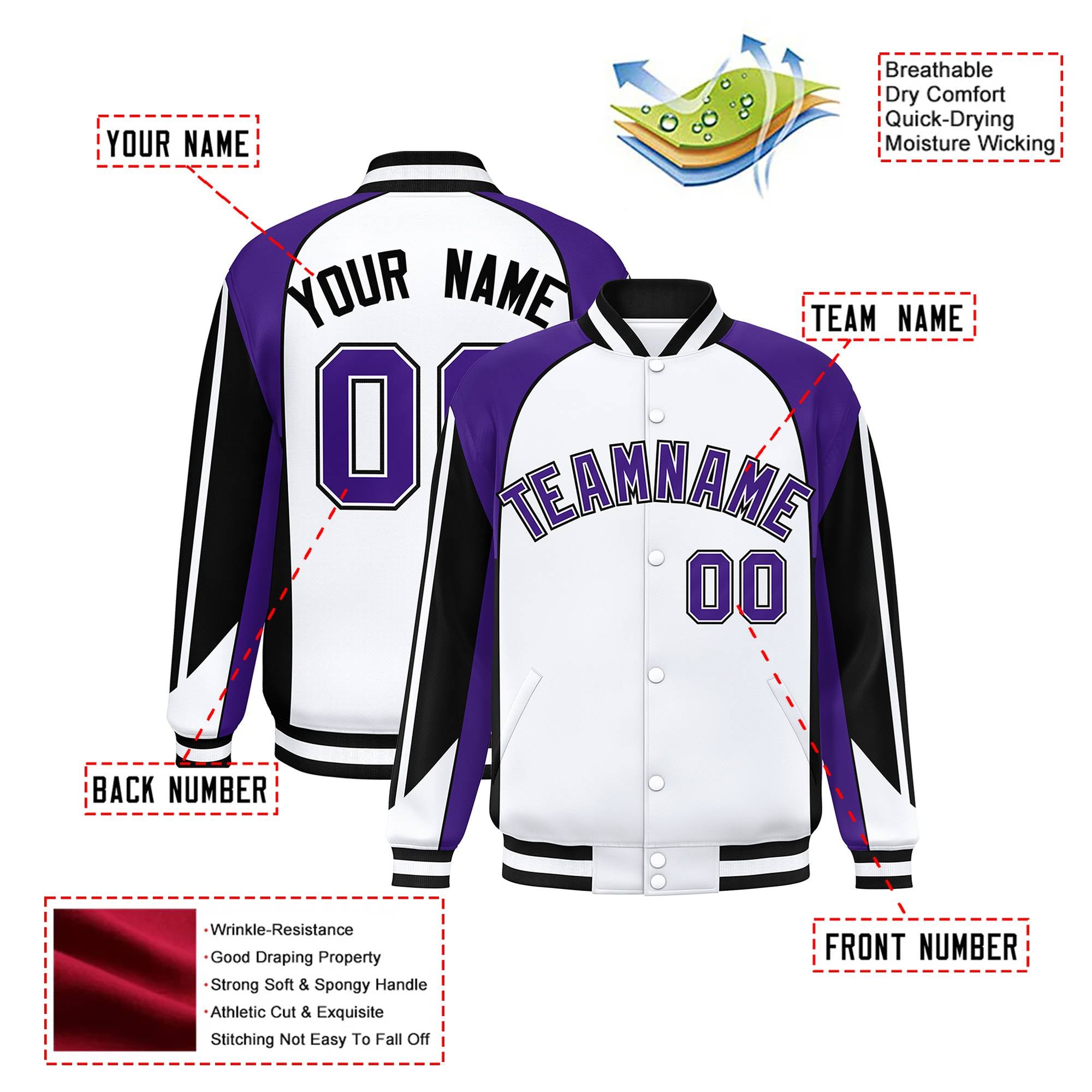 Custom White Purple-Black Raglan Sleeves Varsity Letterman Two Tone Jacket