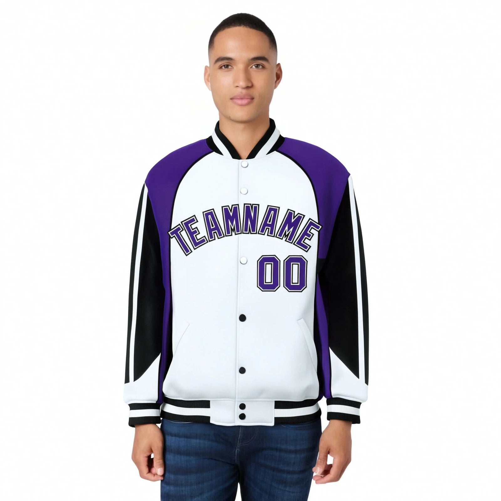 Custom White Purple-Black Raglan Sleeves Varsity Letterman Two Tone Jacket