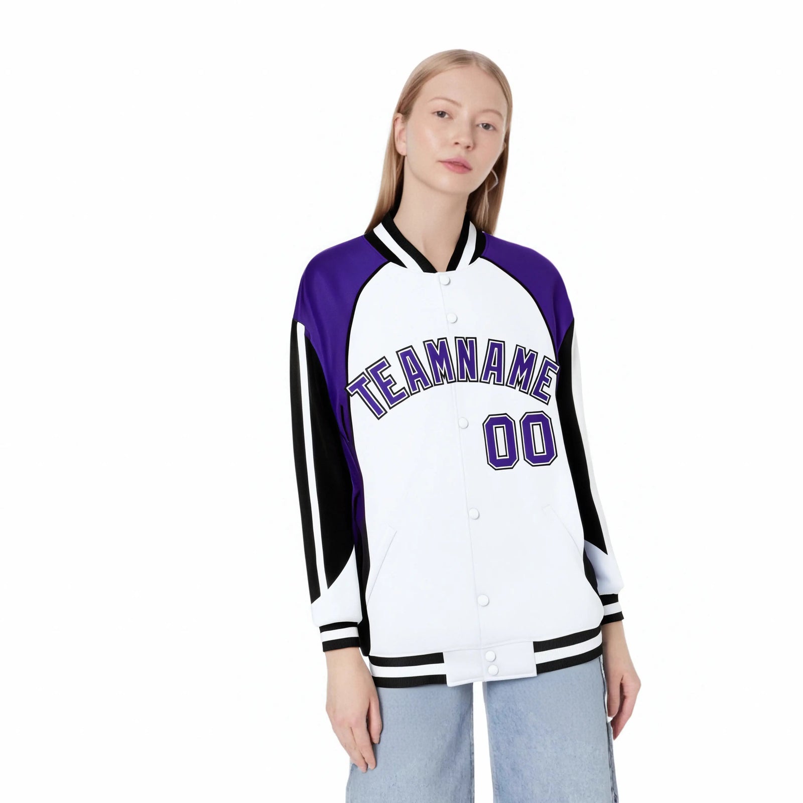 Custom White Purple-Black Raglan Sleeves Varsity Letterman Two Tone Jacket
