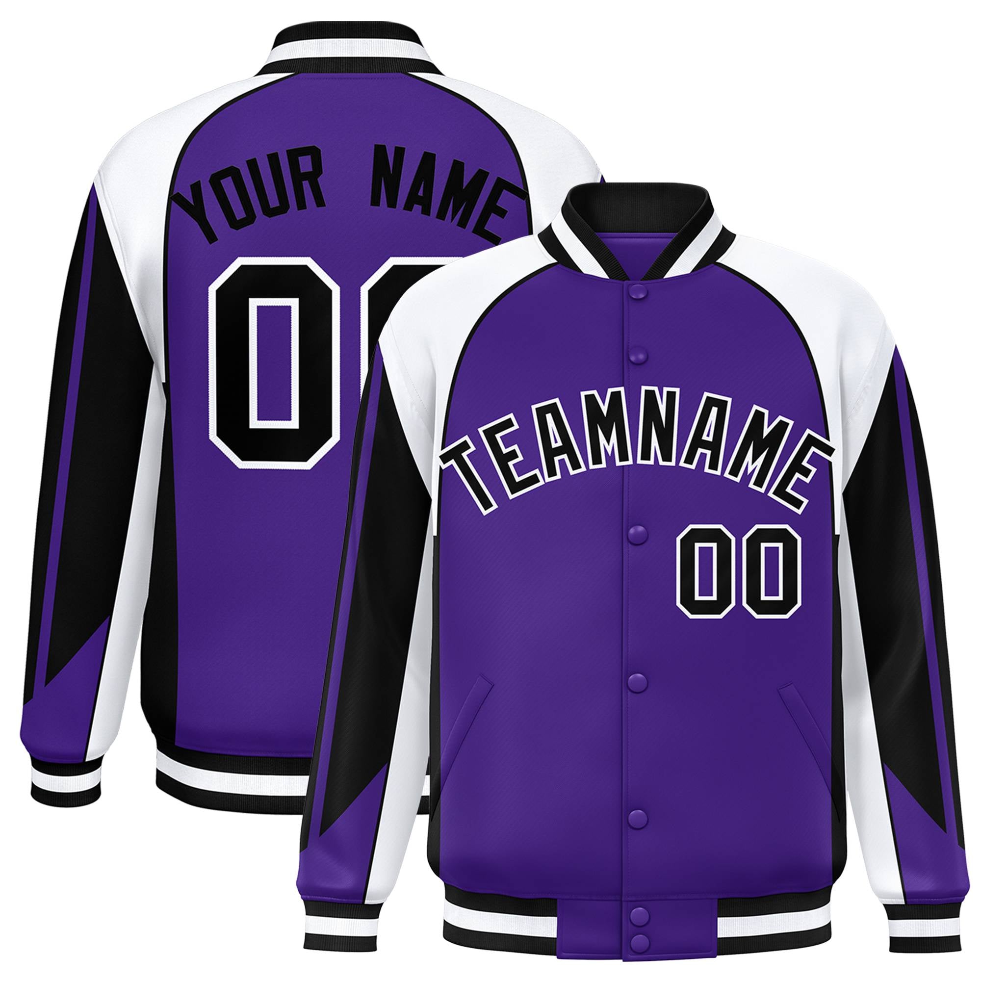 Custom Purple White-Black Raglan Sleeves Varsity Letterman Two Tone Jacket