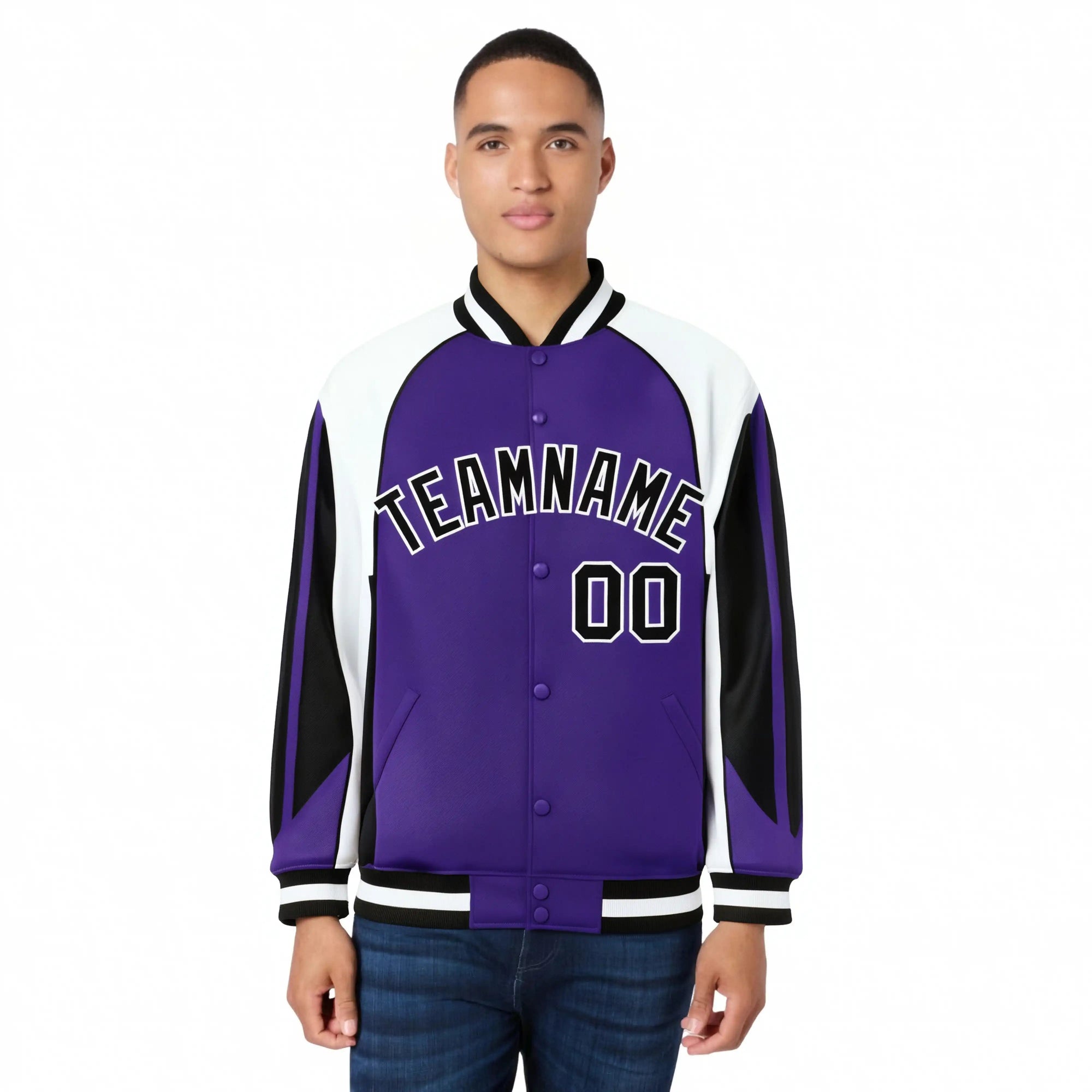 Custom Purple White-Black Raglan Sleeves Varsity Letterman Two Tone Jacket