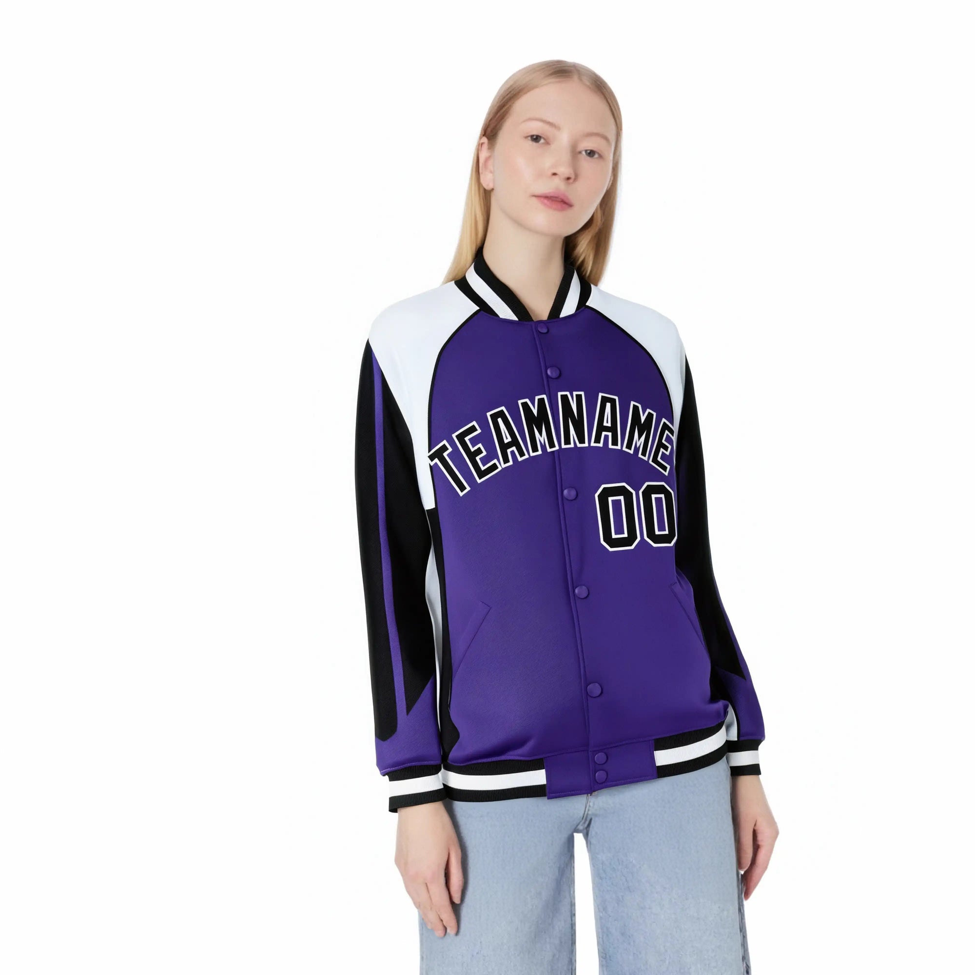 Custom Purple White-Black Raglan Sleeves Varsity Letterman Two Tone Jacket