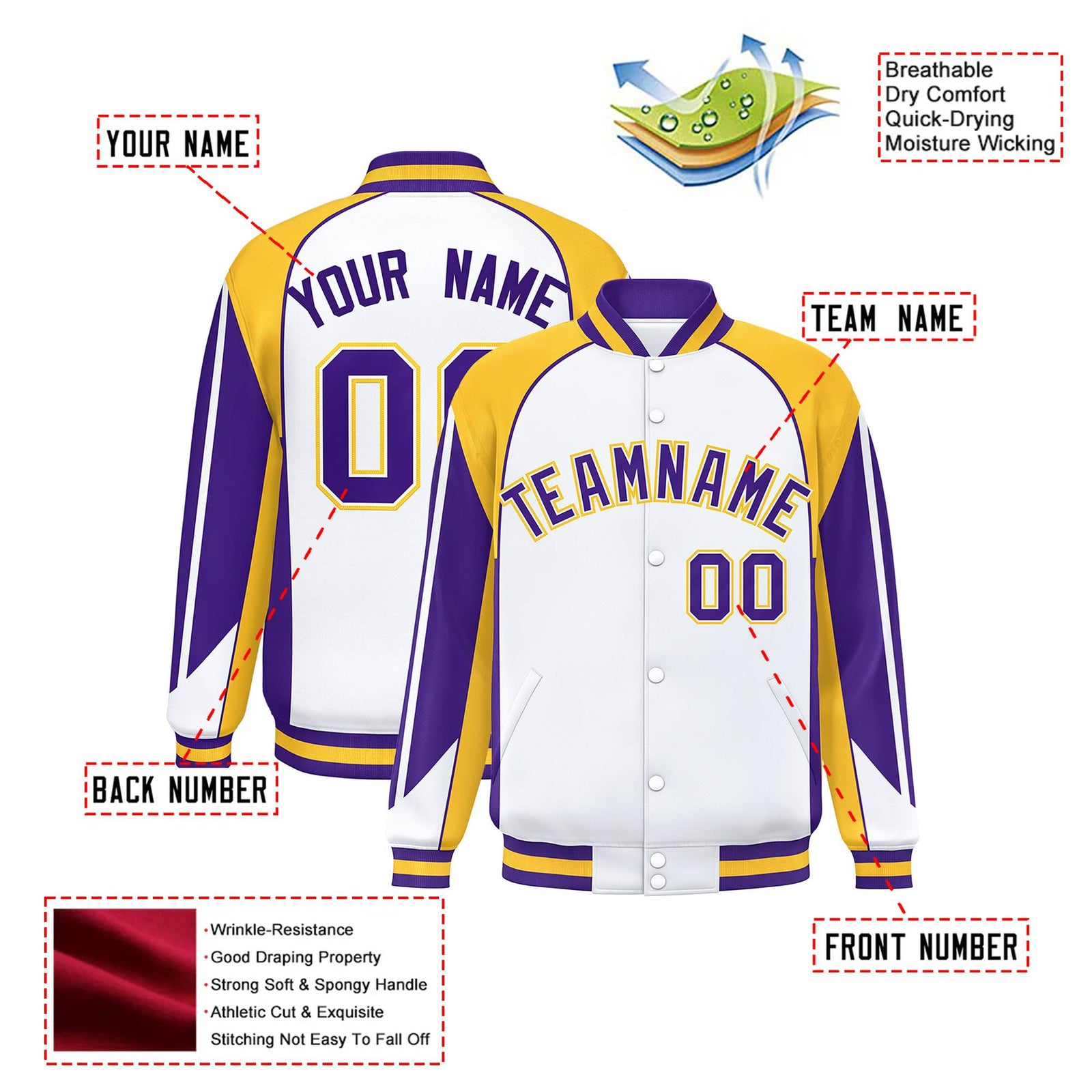 Custom White Yellow-Purple Raglan Sleeves Varsity Letterman Two Tone Jacket