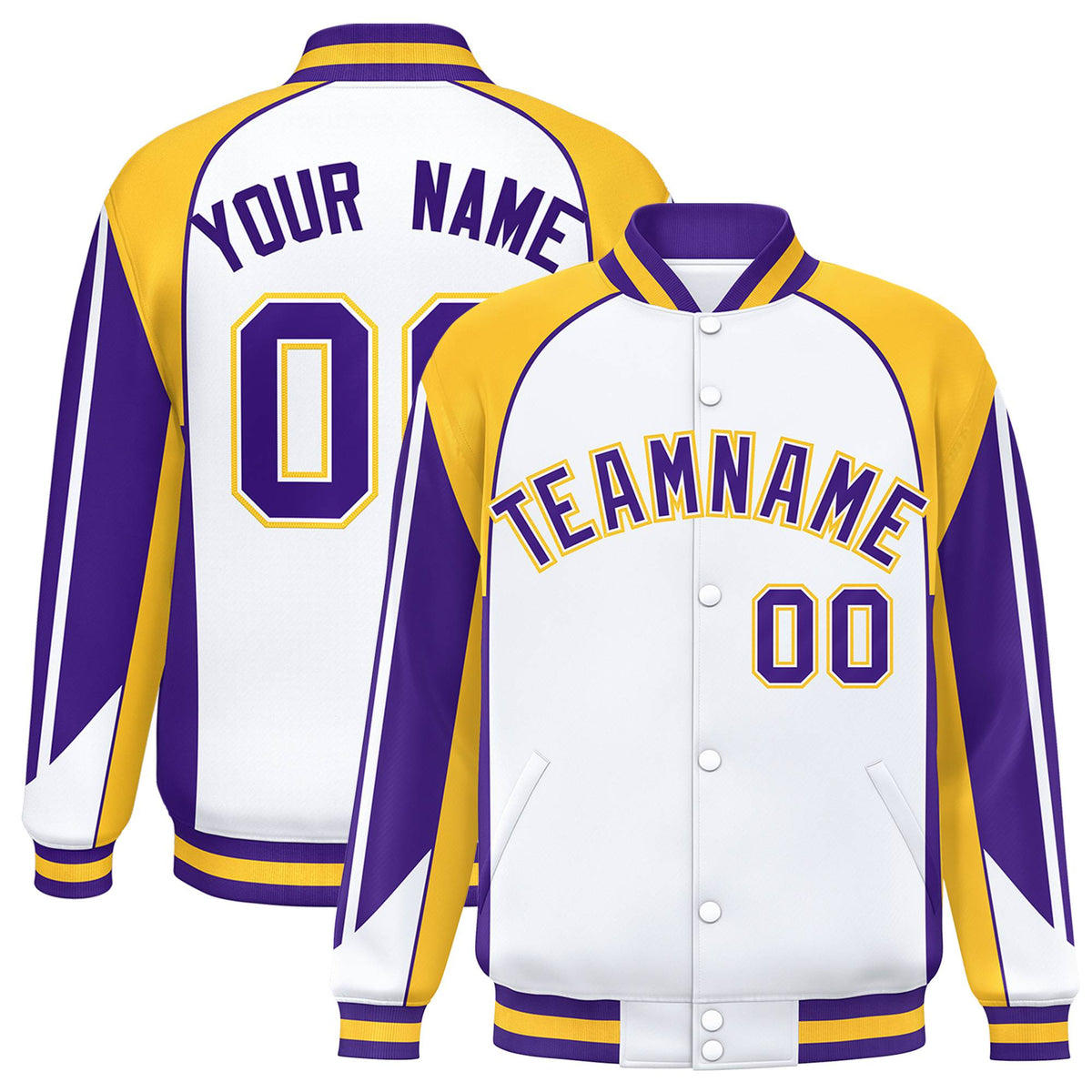 Custom White Yellow-Purple Raglan Sleeves Varsity Letterman Two Tone Jacket