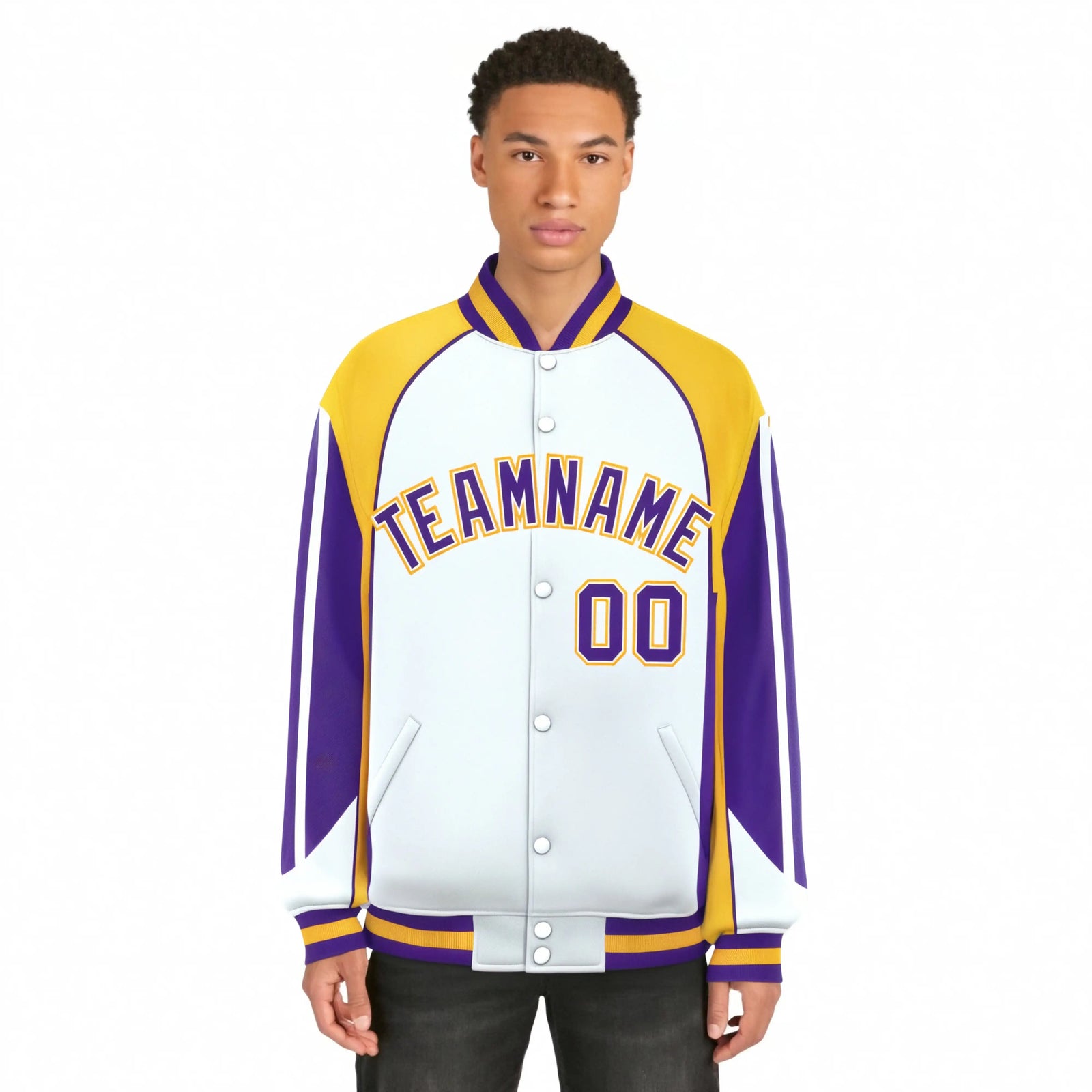 Custom White Yellow-Purple Raglan Sleeves Varsity Letterman Two Tone Jacket