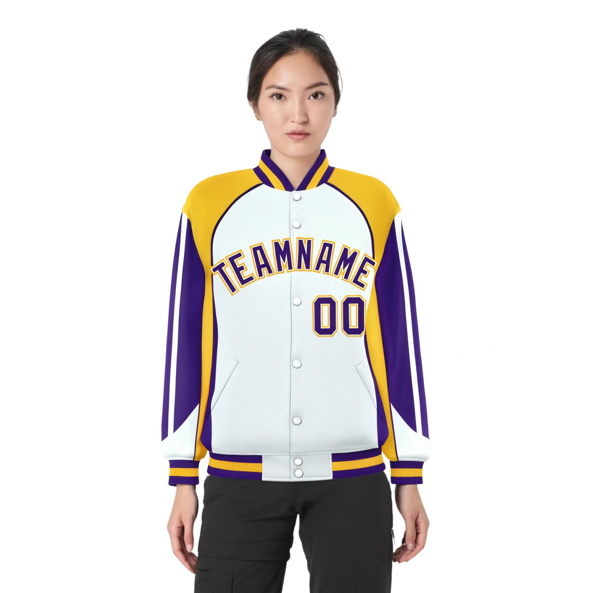 Custom White Yellow-Purple Raglan Sleeves Varsity Letterman Two Tone Jacket
