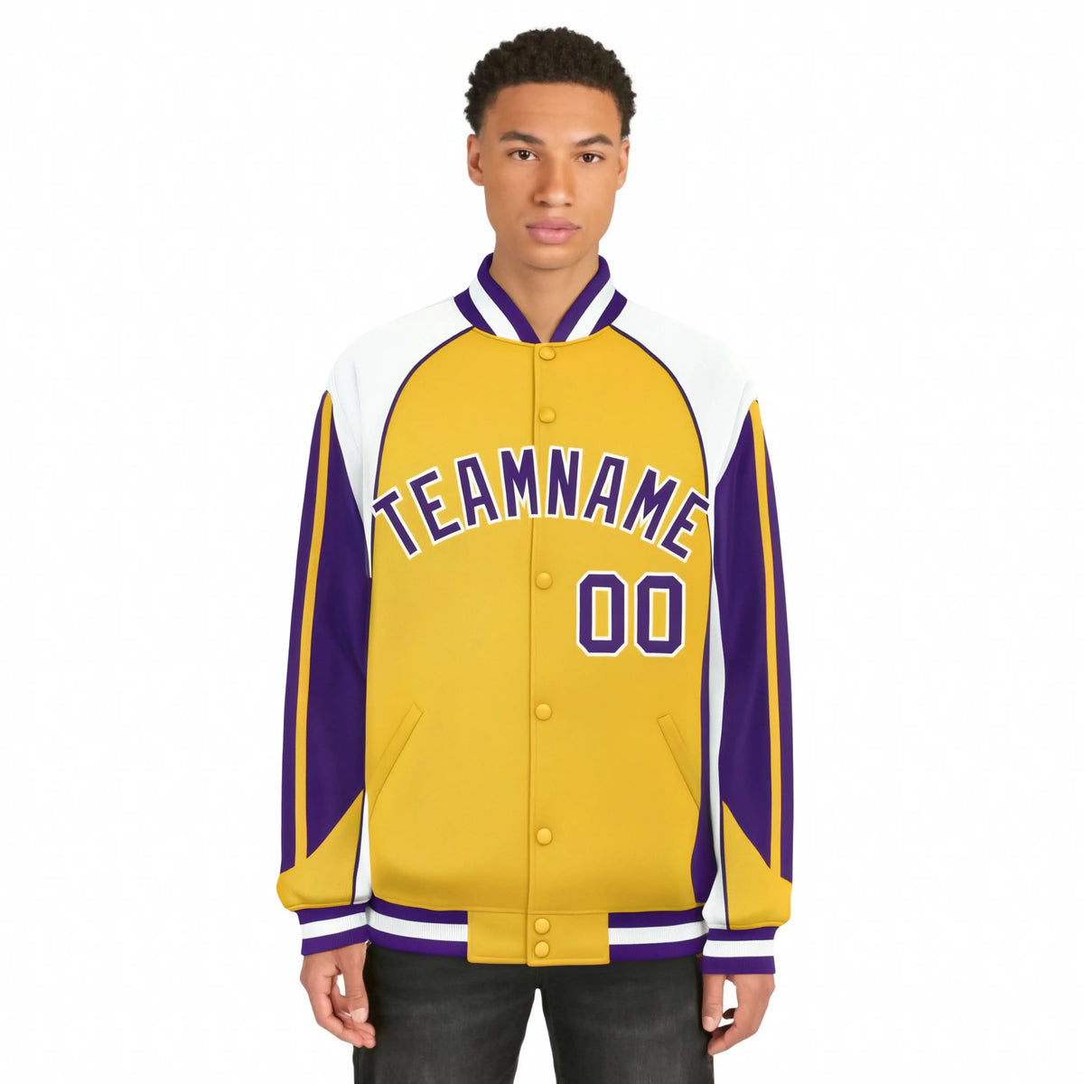 Custom Yellow White-Purple Raglan Sleeves Varsity Letterman Two Tone Jacket
