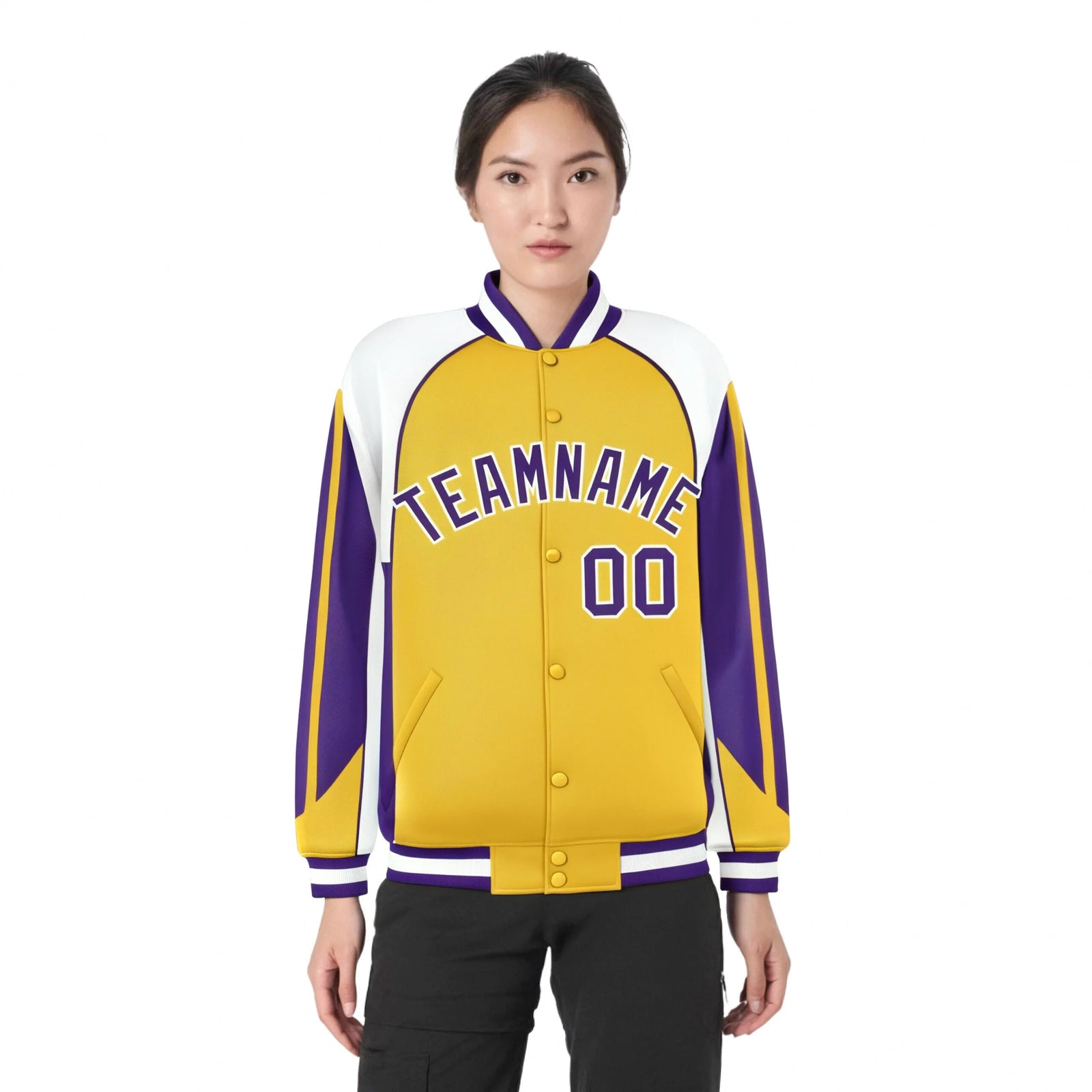 Custom Yellow White-Purple Raglan Sleeves Varsity Letterman Two Tone Jacket