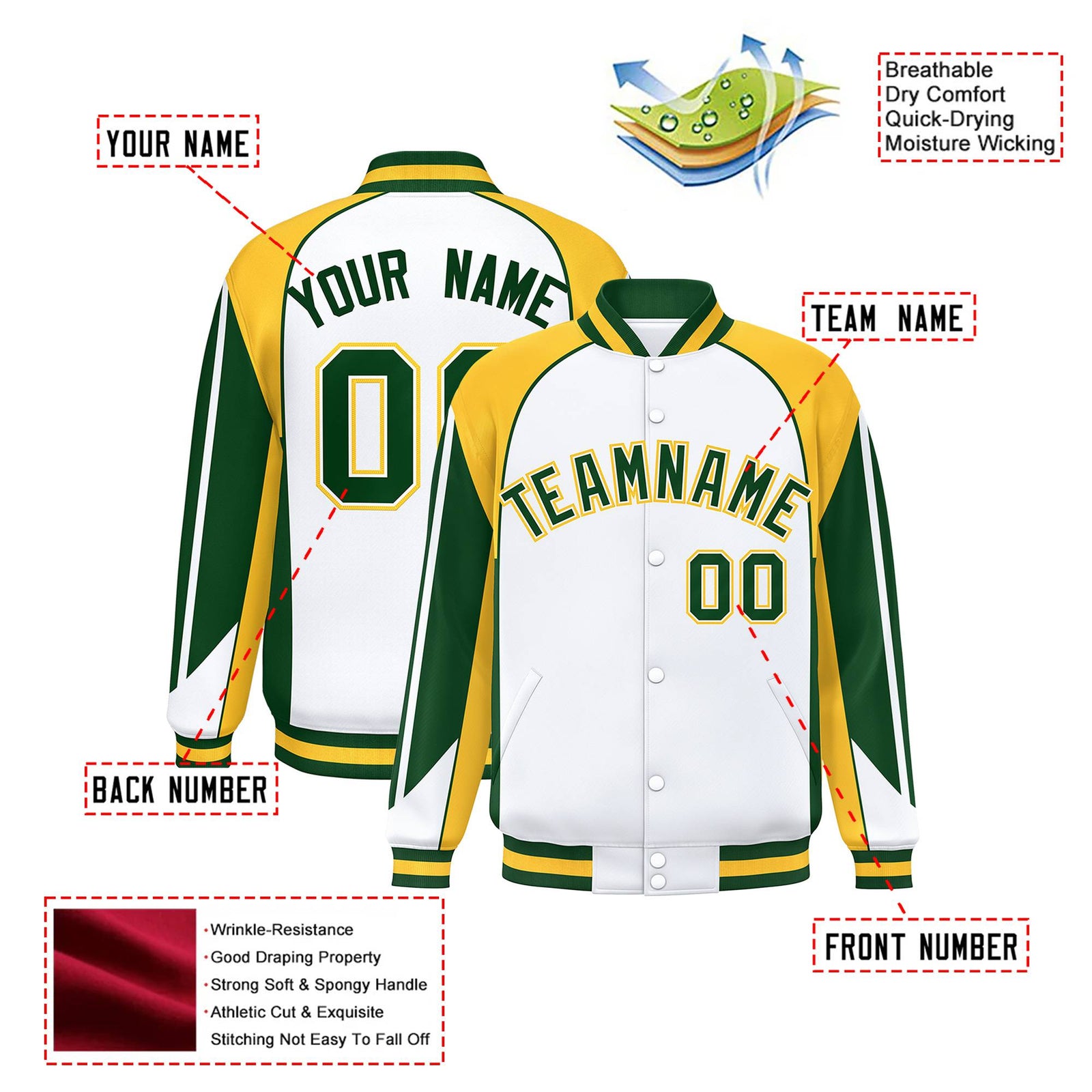 Custom White Yellow Kelly-Green Raglan Sleeves Varsity Letterman Two Tone Jacket