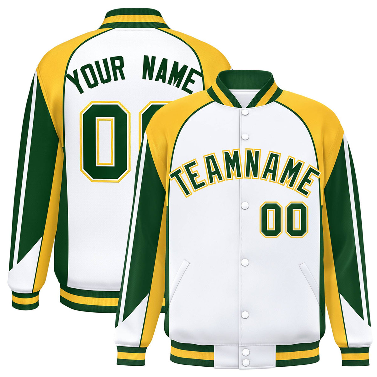 Custom White Yellow Kelly-Green Raglan Sleeves Varsity Letterman Two Tone Jacket