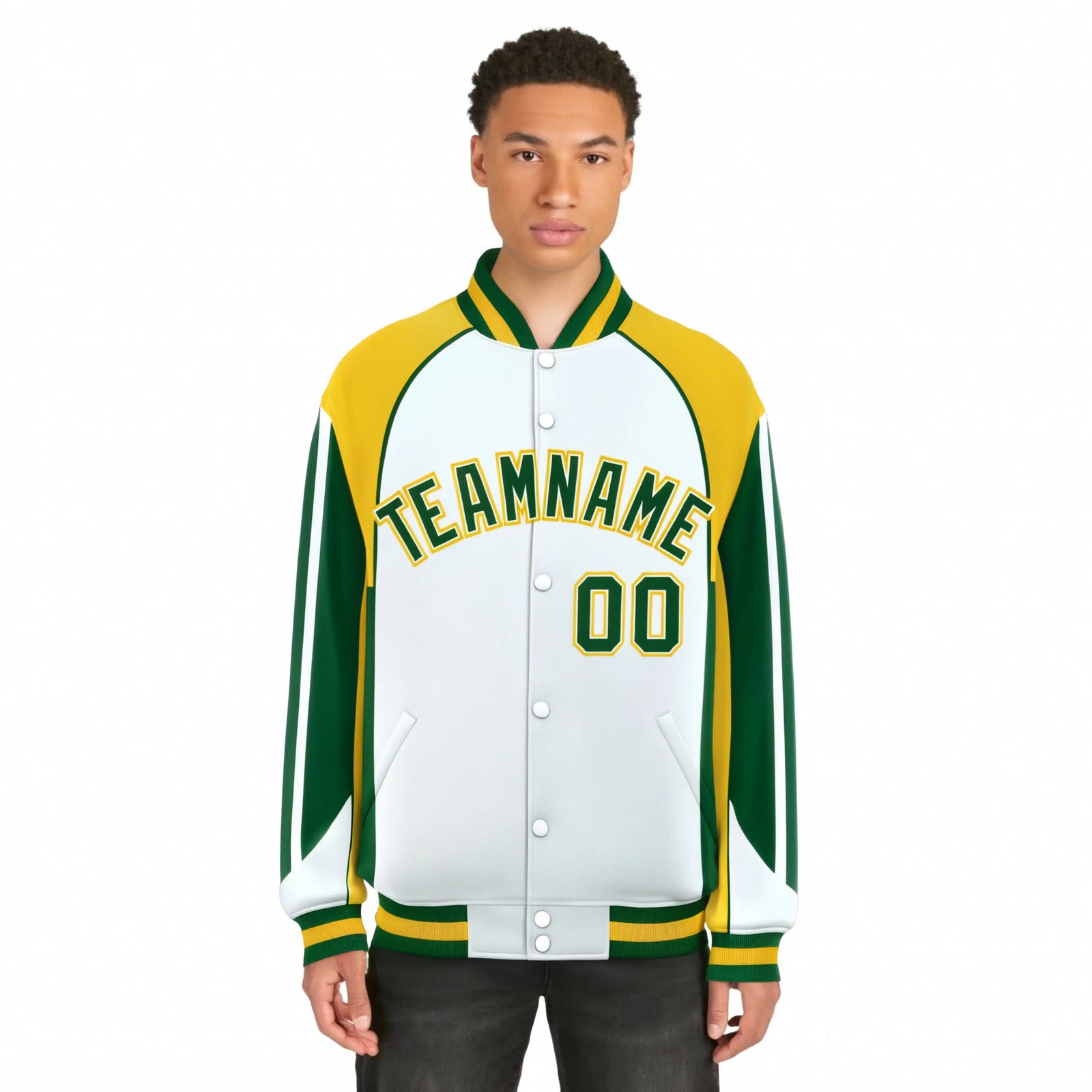 Custom White Yellow Kelly-Green Raglan Sleeves Varsity Letterman Two Tone Jacket