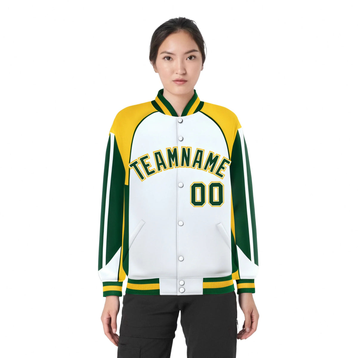 Custom White Yellow Kelly-Green Raglan Sleeves Varsity Letterman Two Tone Jacket