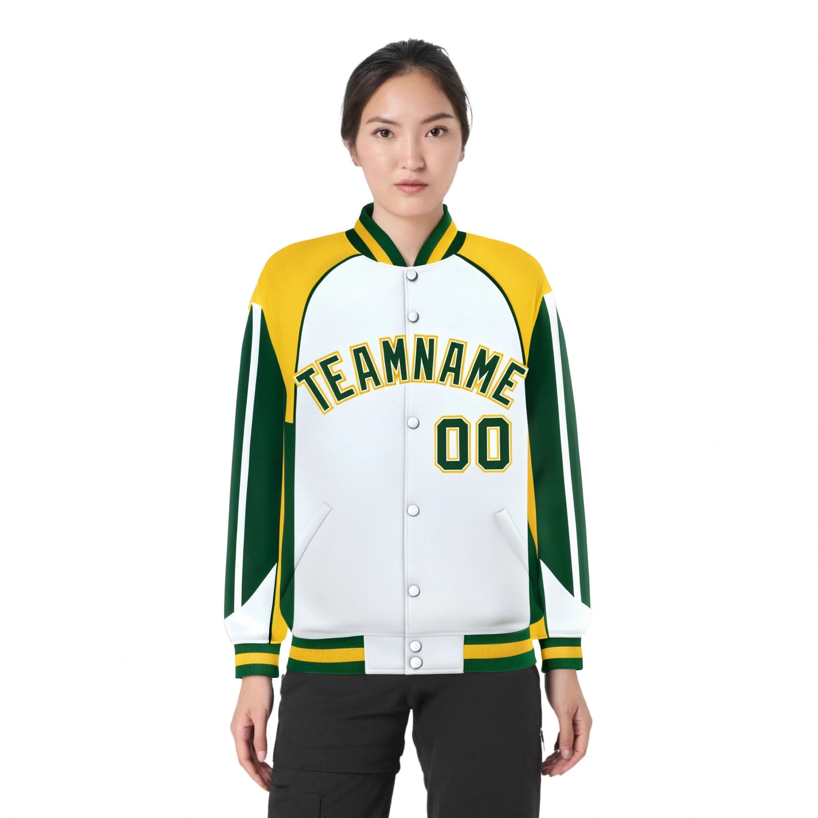 Custom White Yellow Kelly-Green Raglan Sleeves Varsity Letterman Two Tone Jacket