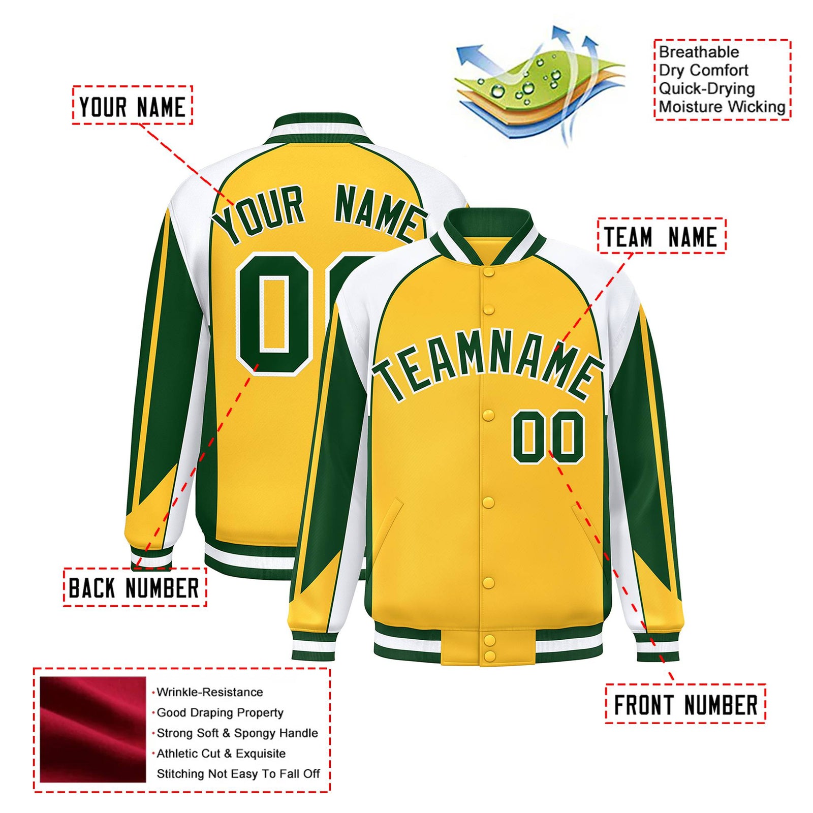 Custom Yellow White Kelly-Green Raglan Sleeves Varsity Letterman Two Tone Jacket