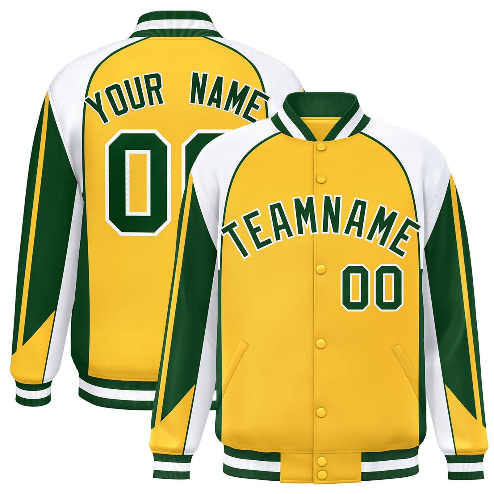 Custom Yellow White Kelly-Green Raglan Sleeves Varsity Letterman Two Tone Jacket