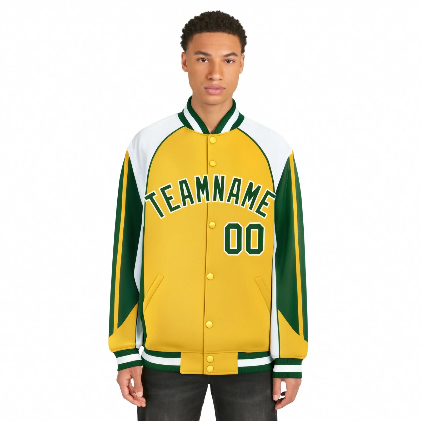 Custom Yellow White Kelly-Green Raglan Sleeves Varsity Letterman Two Tone Jacket