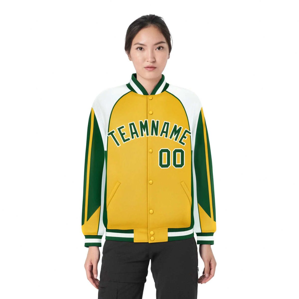 Custom Yellow White Kelly-Green Raglan Sleeves Varsity Letterman Two Tone Jacket