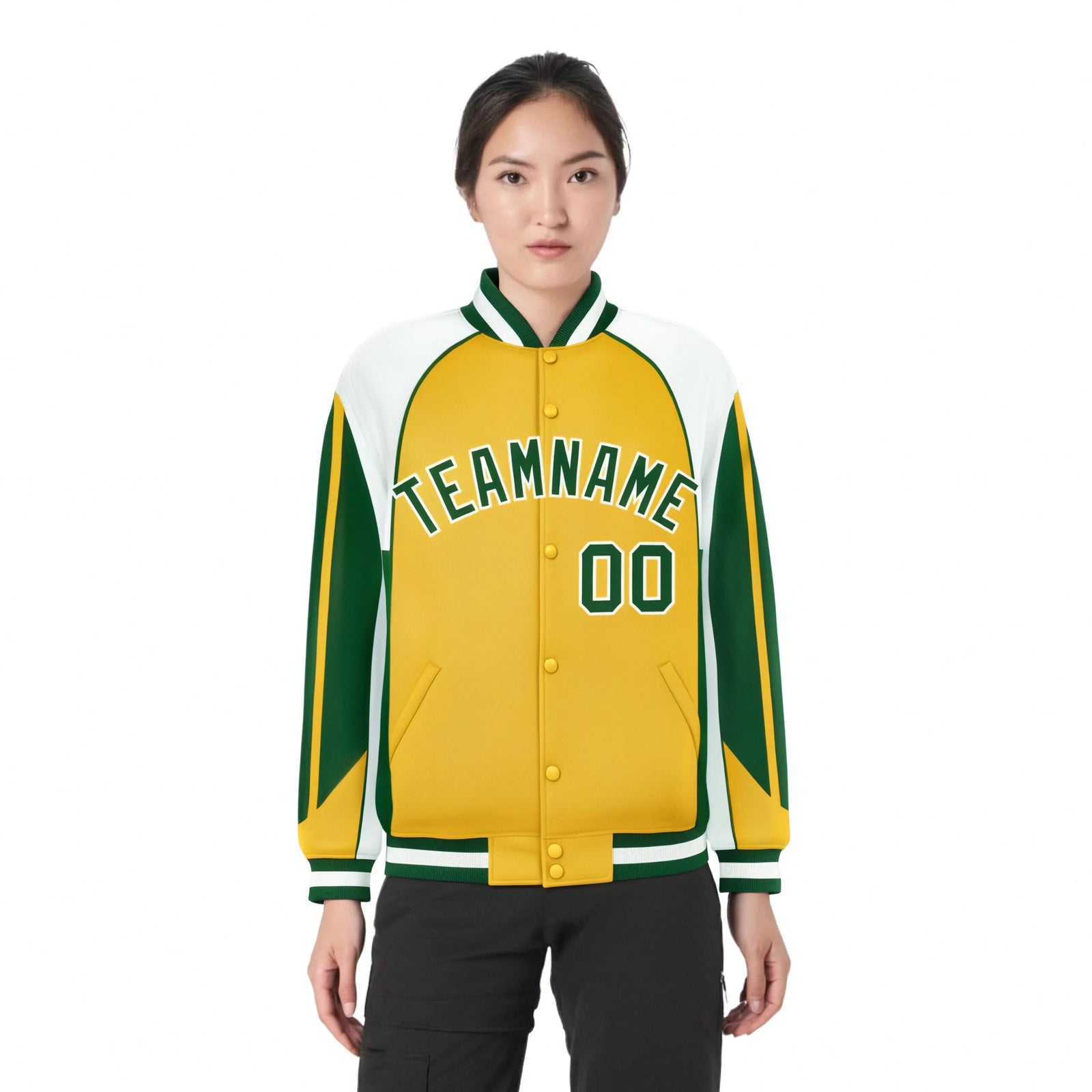 Custom Yellow White Kelly-Green Raglan Sleeves Varsity Letterman Two Tone Jacket