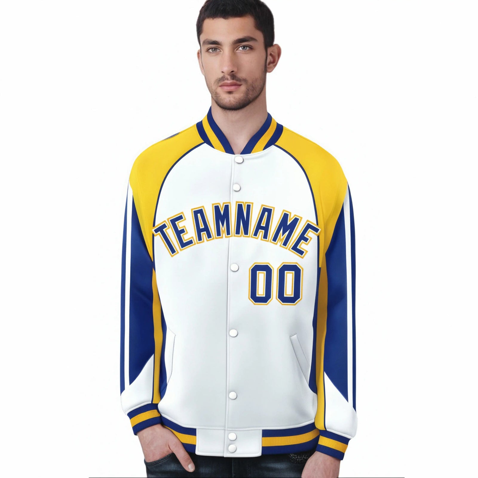 Custom White Yellow-Purple Raglan Sleeves Varsity Letterman Two Tone Jacket