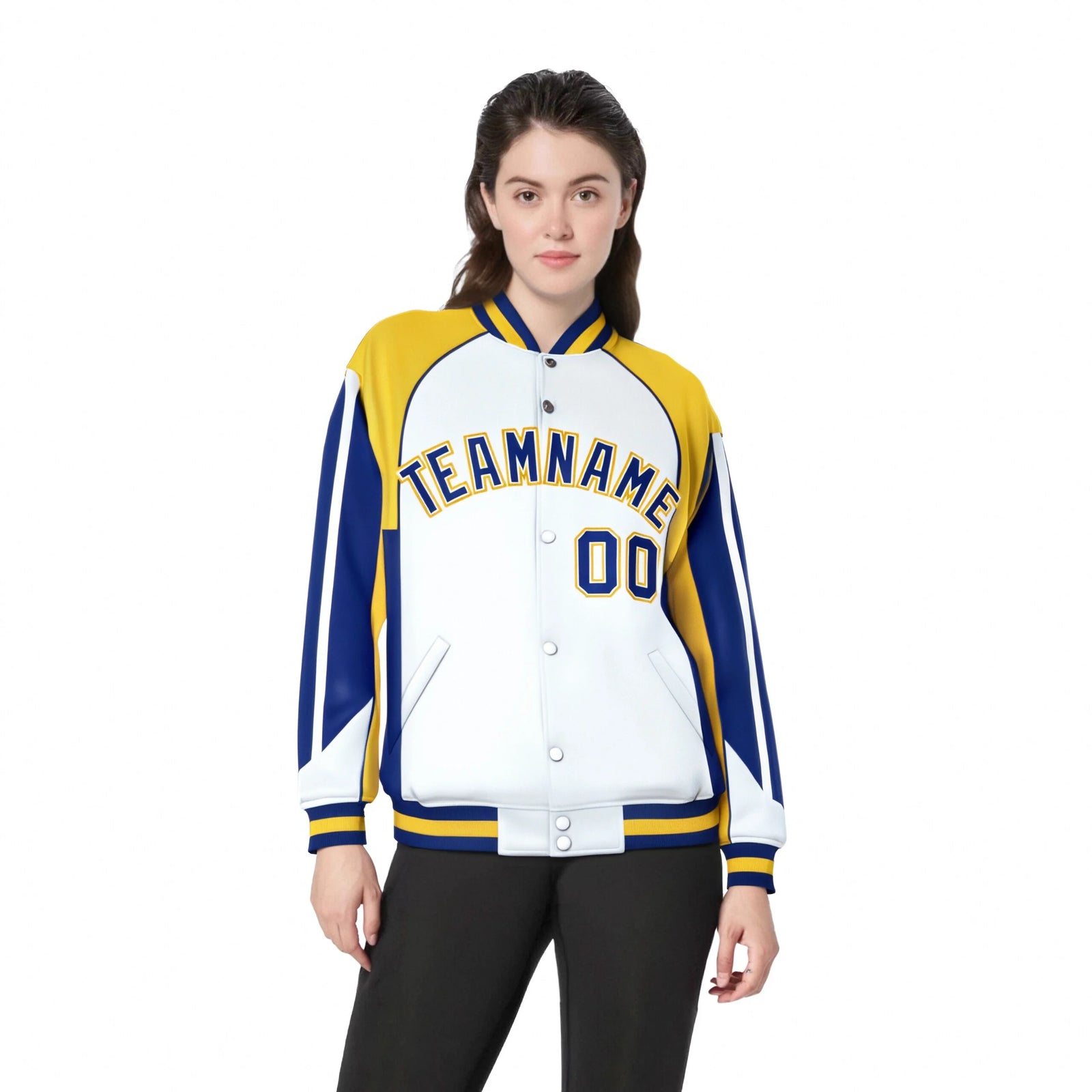 Custom White Yellow-Purple Raglan Sleeves Varsity Letterman Two Tone Jacket