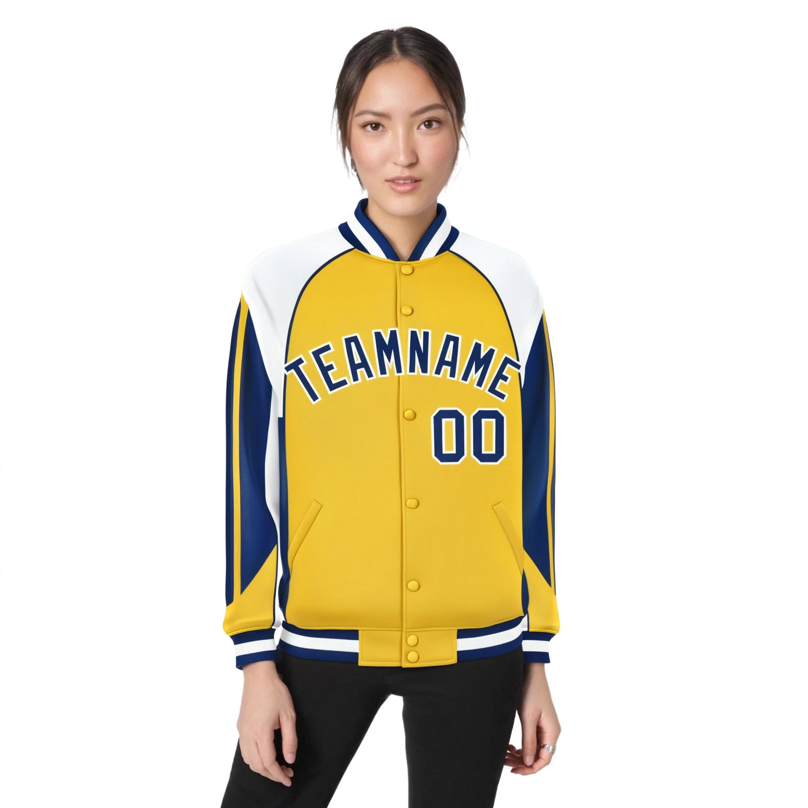 Custom Yellow White-Purple Raglan Sleeves Varsity Letterman Two Tone Jacket