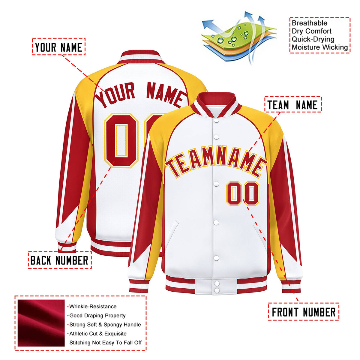 Custom White Yellow-Red Raglan Sleeves Varsity Letterman Two Tone Jacket
