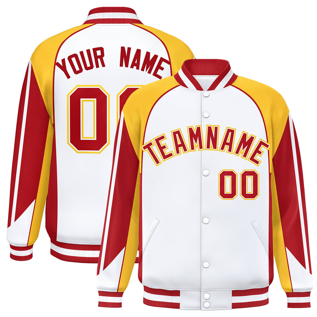 Custom White Yellow-Red Raglan Sleeves Varsity Letterman Two Tone Jacket