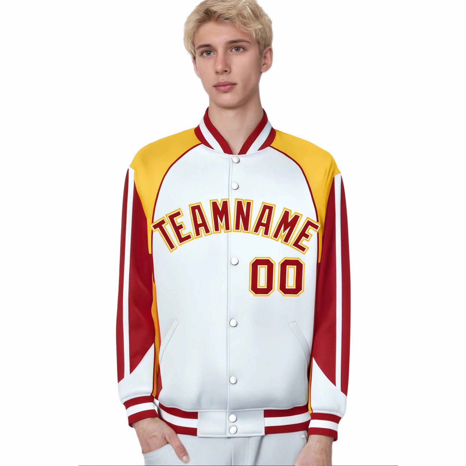 Custom White Yellow-Red Raglan Sleeves Varsity Letterman Two Tone Jacket