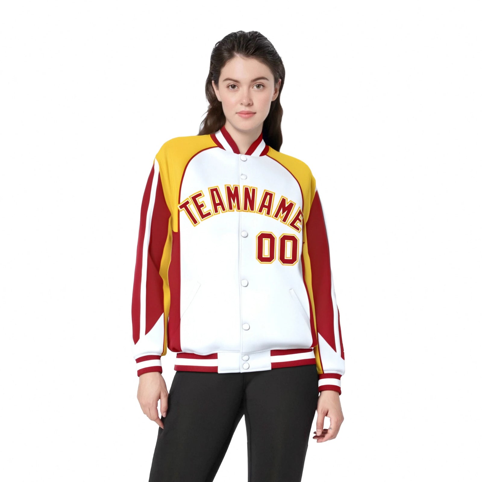 Custom White Yellow-Red Raglan Sleeves Varsity Letterman Two Tone Jacket