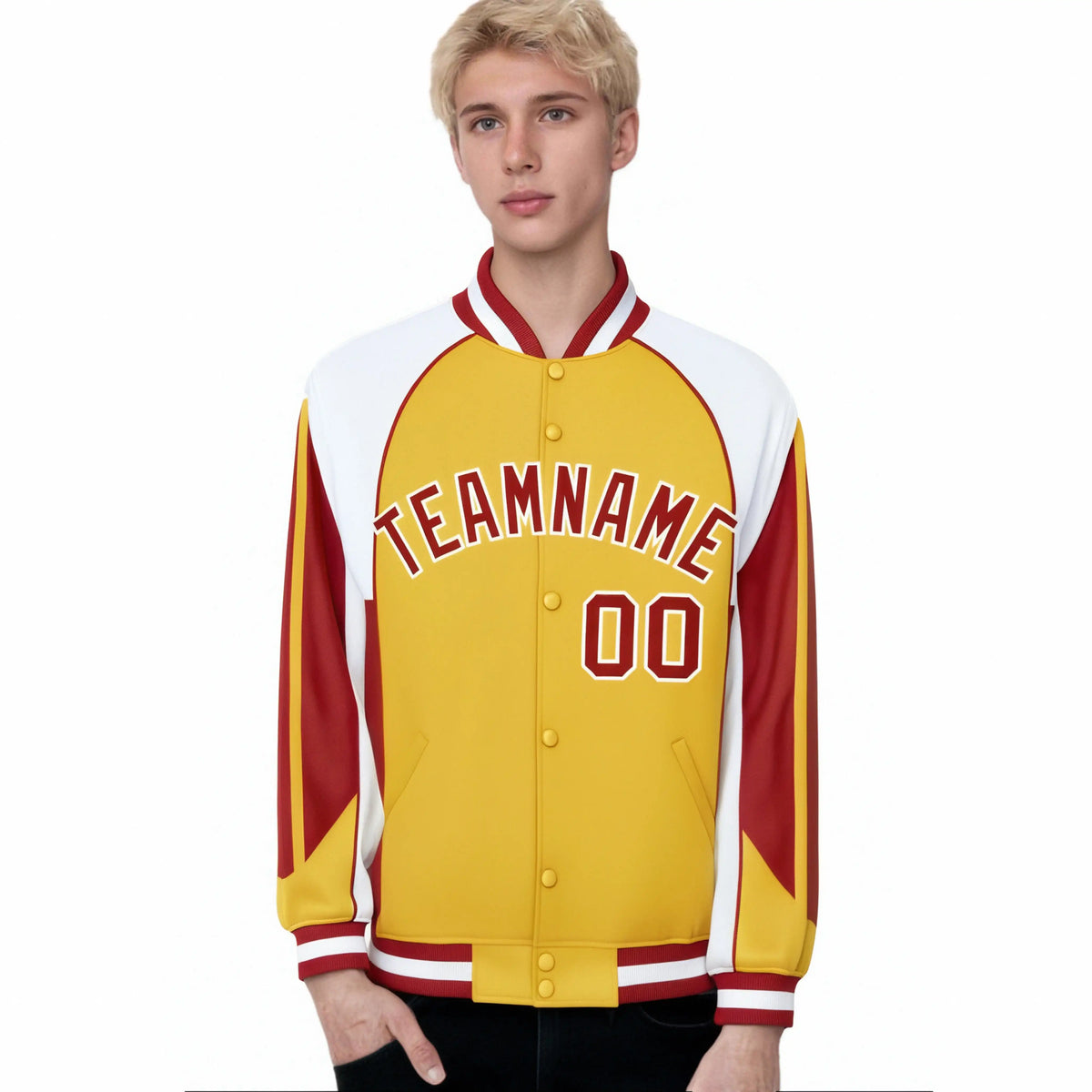 Custom Yellow White-Red Raglan Sleeves Varsity Letterman Two Tone Jacket