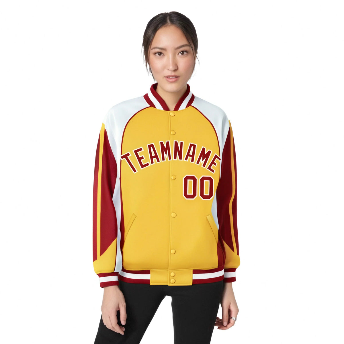Custom Yellow White-Red Raglan Sleeves Varsity Letterman Two Tone Jacket