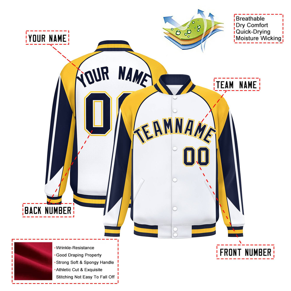 Custom White Yellow-Navy Raglan Sleeves Varsity Letterman Two Tone Jacket