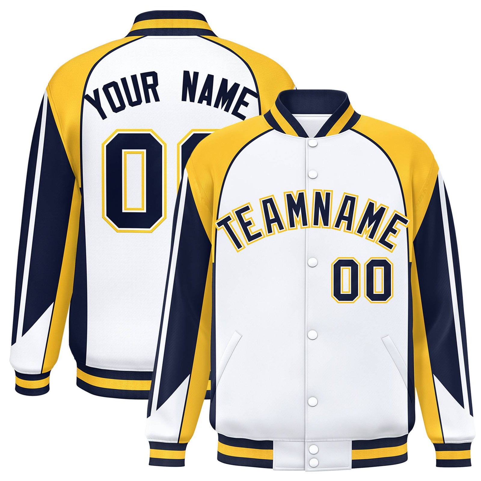 Custom White Yellow-Navy Raglan Sleeves Varsity Letterman Two Tone Jacket