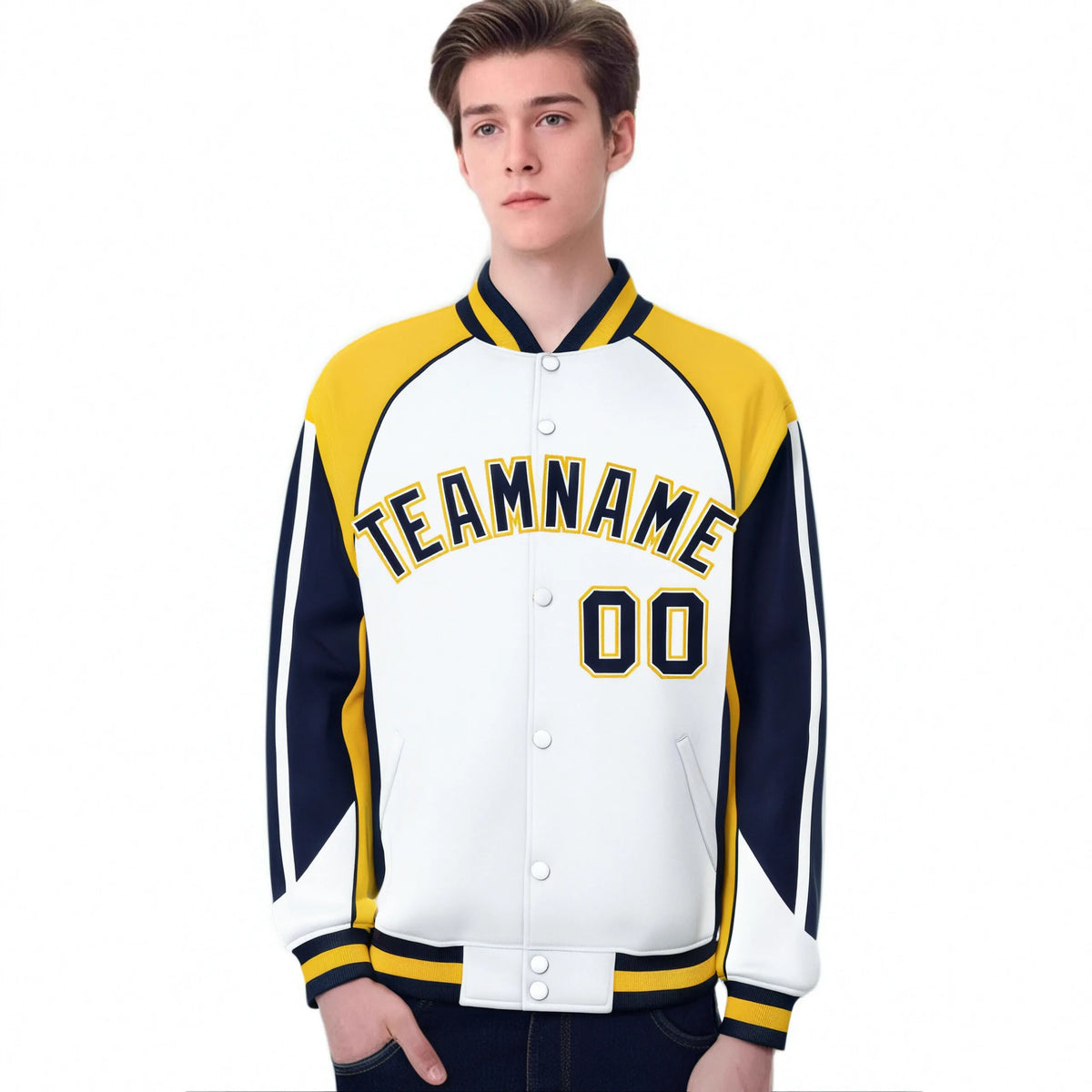 Custom White Yellow-Navy Raglan Sleeves Varsity Letterman Two Tone Jacket