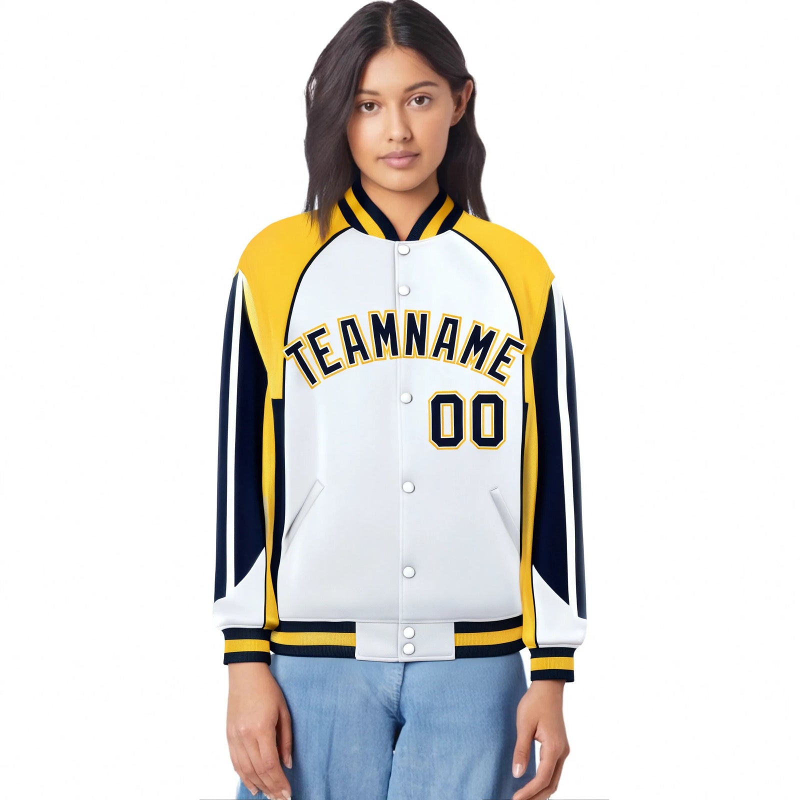 Custom White Yellow-Navy Raglan Sleeves Varsity Letterman Two Tone Jacket