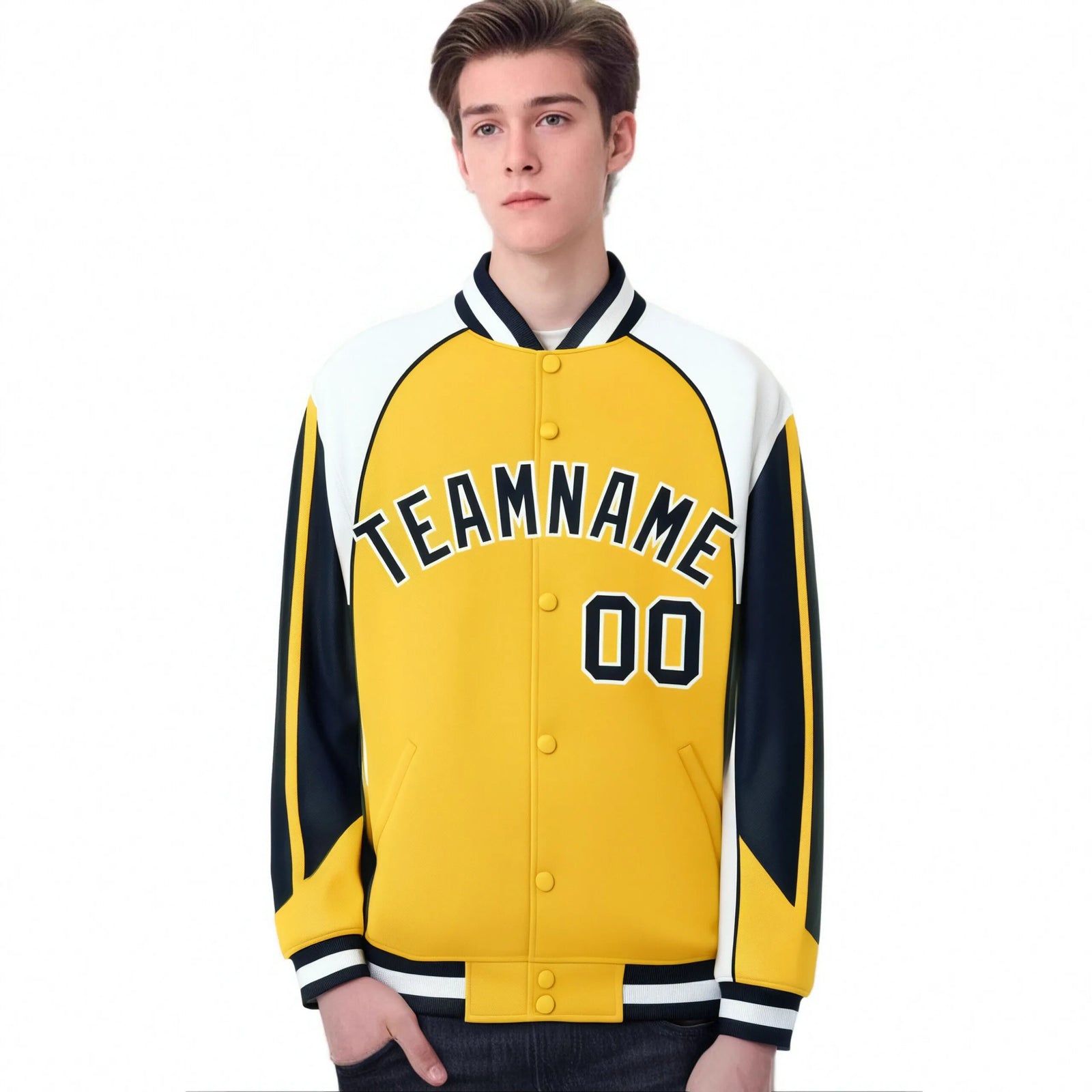 Custom Yellow White-Navy Raglan Sleeves Varsity Letterman Two Tone Jacket