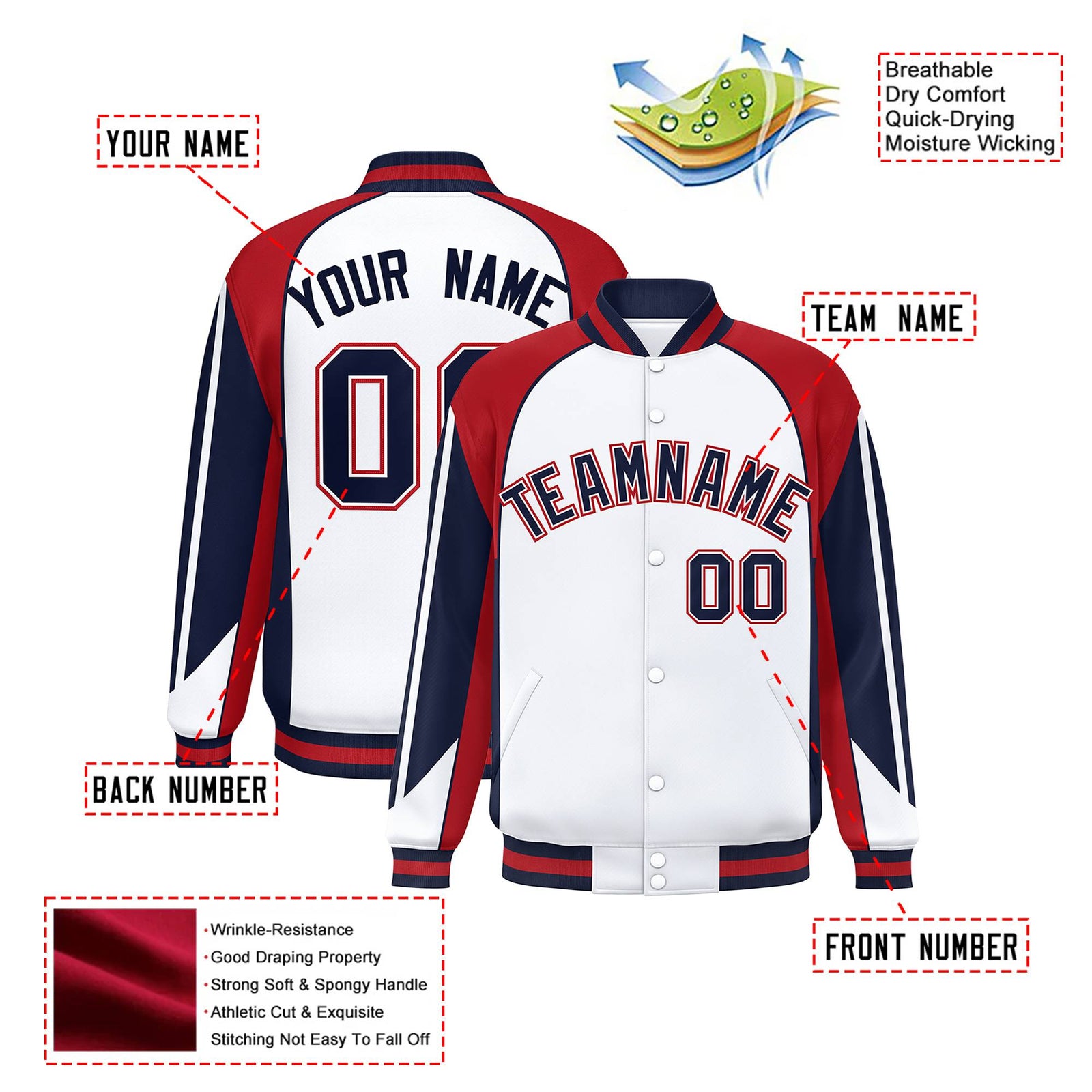 Custom White Red-Navy Raglan Sleeves Varsity Letterman Two Tone Jacket
