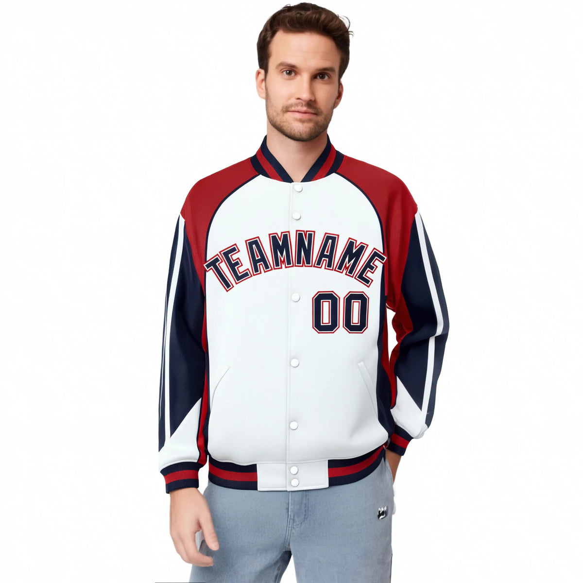 Custom White Red-Navy Raglan Sleeves Varsity Letterman Two Tone Jacket