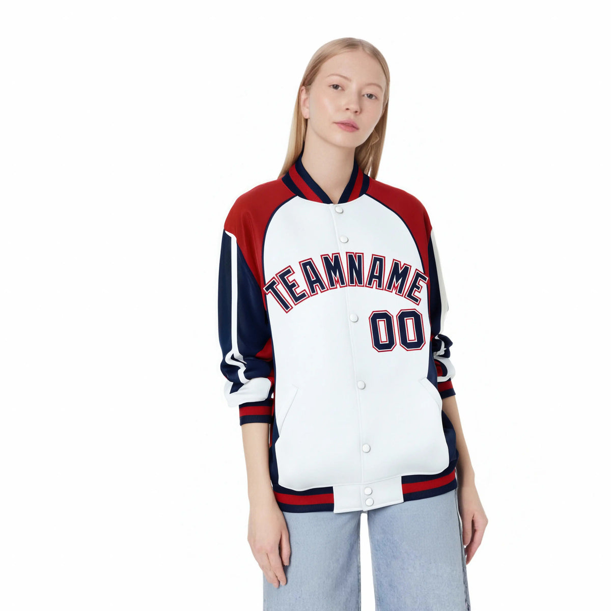 Custom White Red-Navy Raglan Sleeves Varsity Letterman Two Tone Jacket