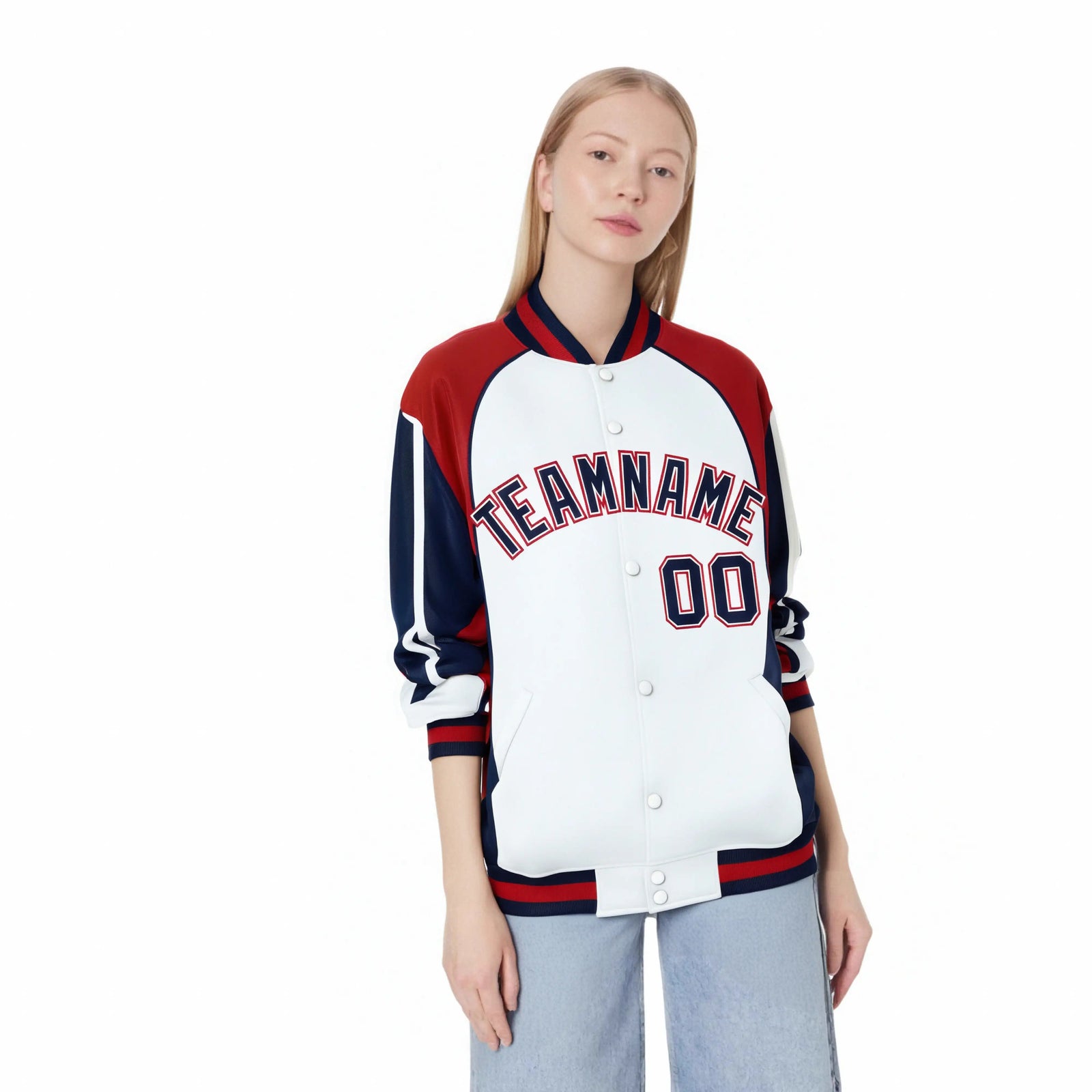 Custom White Red-Navy Raglan Sleeves Varsity Letterman Two Tone Jacket