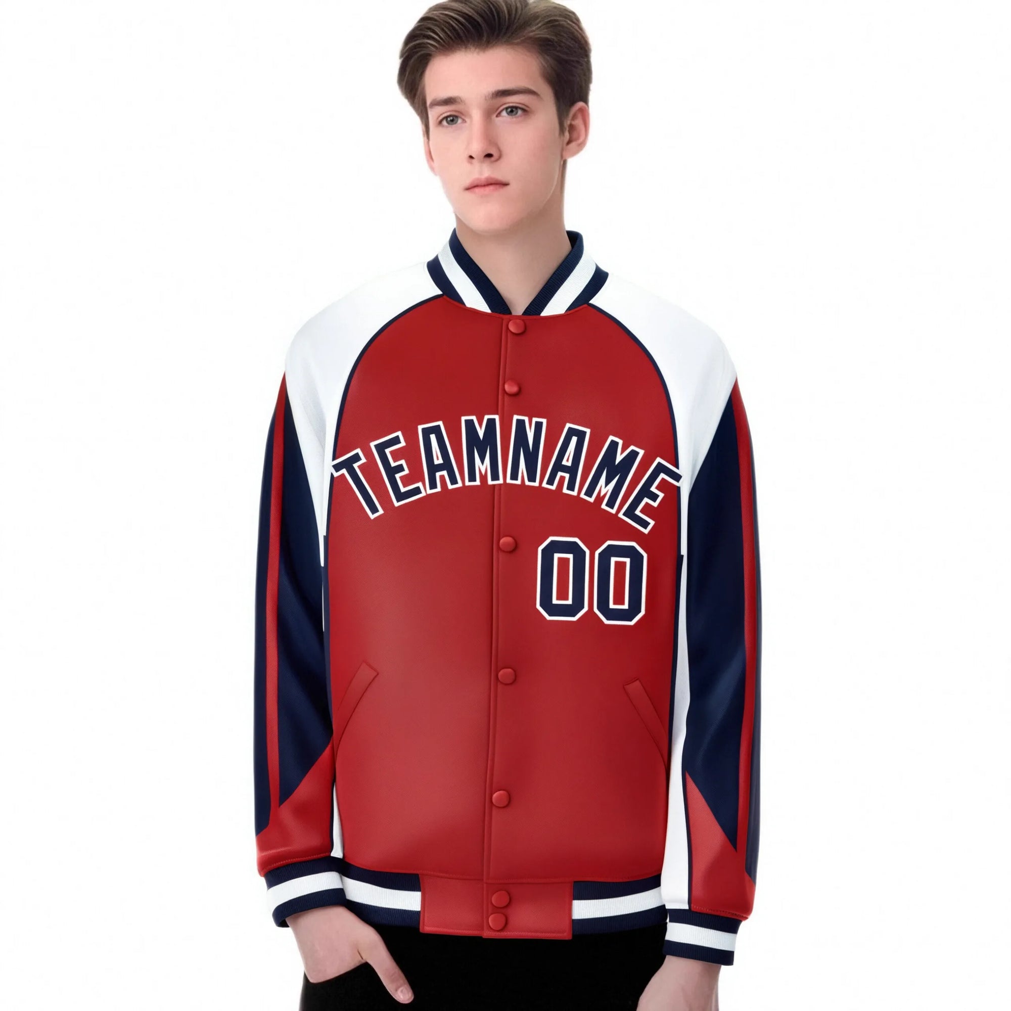 Custom Red White-Navy Raglan Sleeves Varsity Letterman Two Tone Jacket