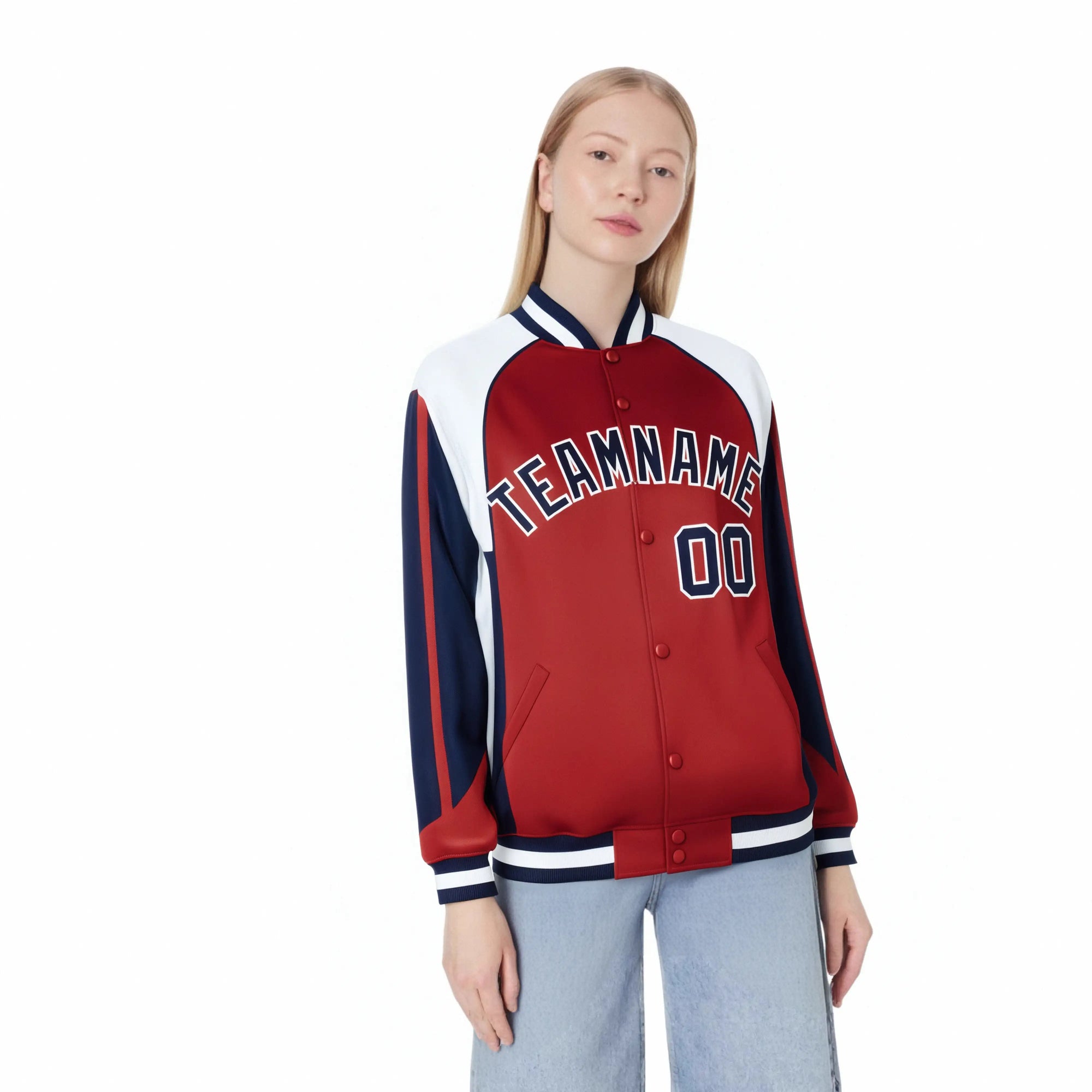 Custom Red White-Navy Raglan Sleeves Varsity Letterman Two Tone Jacket