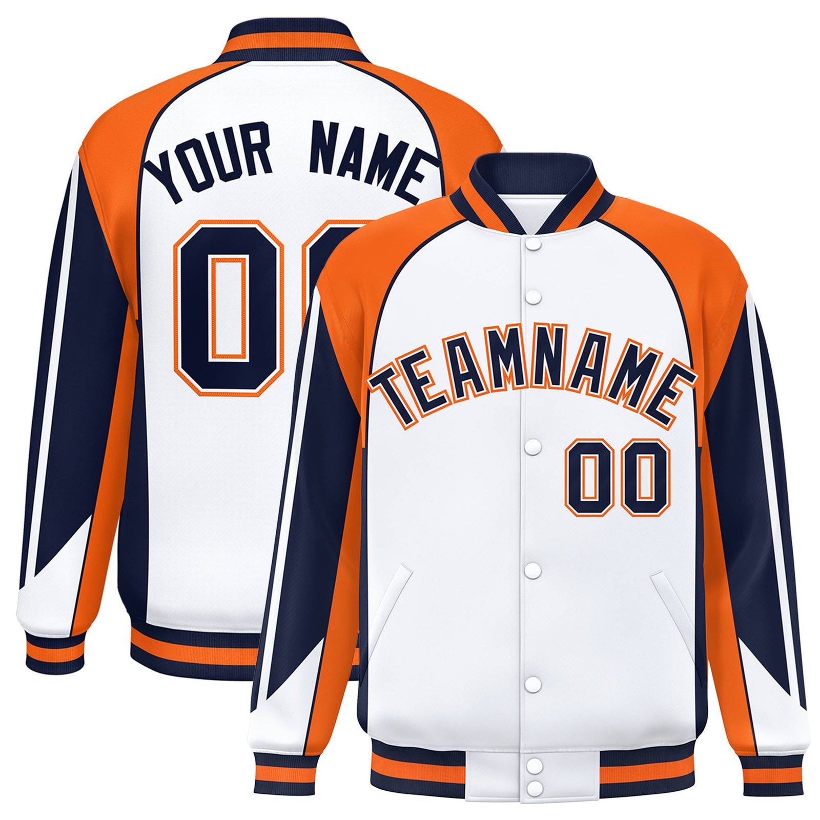 Custom White Orange-Navy Raglan Sleeves Varsity Letterman Two Tone Jacket
