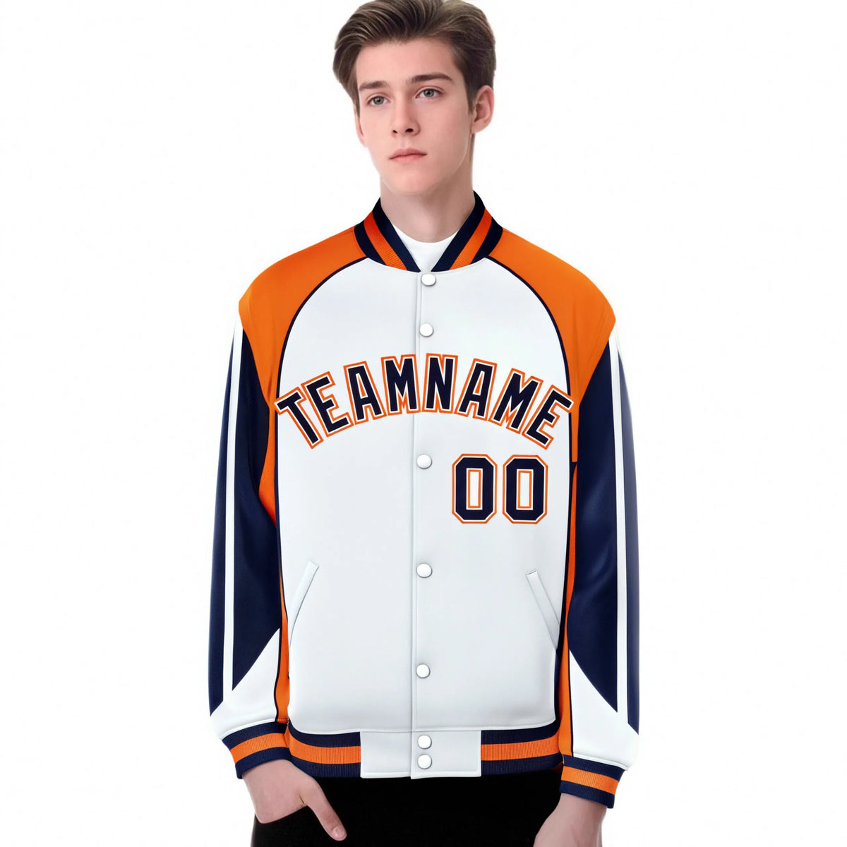 Custom White Orange-Navy Raglan Sleeves Varsity Letterman Two Tone Jacket