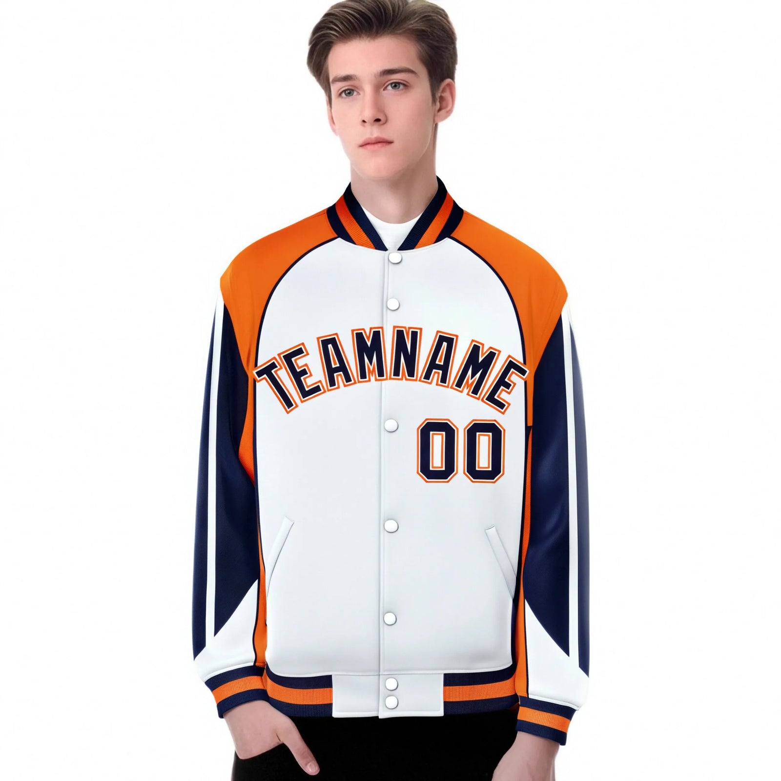 Custom White Orange-Navy Raglan Sleeves Varsity Letterman Two Tone Jacket