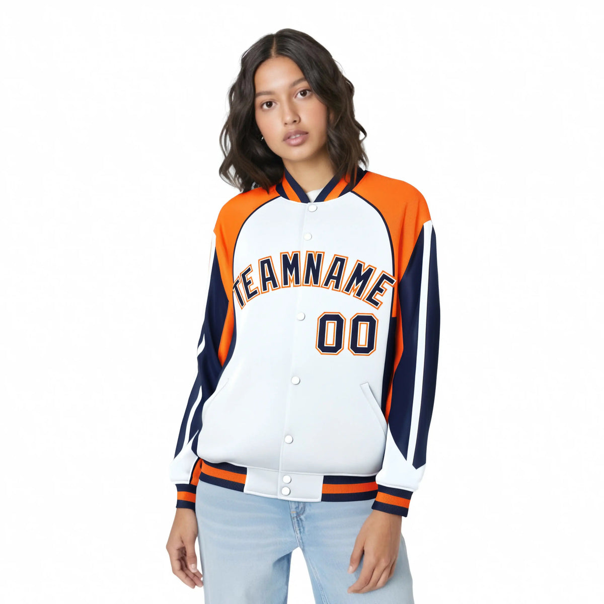 Custom White Orange-Navy Raglan Sleeves Varsity Letterman Two Tone Jacket