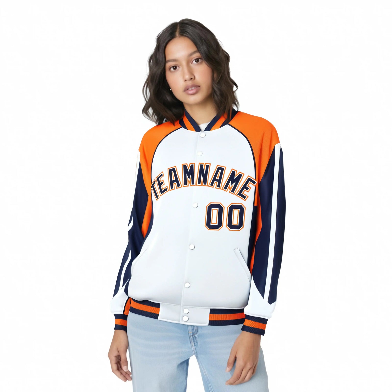 Custom White Orange-Navy Raglan Sleeves Varsity Letterman Two Tone Jacket